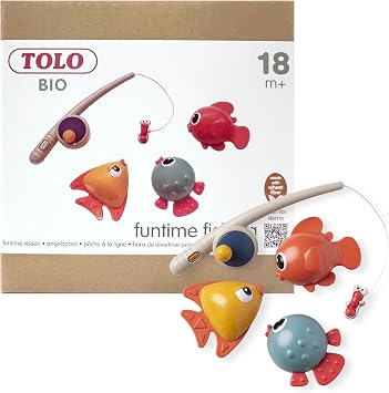 Tolo Bio Funtime Fishing Set | Eco-Friendly Bath Toy for Toddlers | Magnetic Fishing Rod, 3 Bubble-Blowing Fish, Worm | Skill-Building Water Play | Durable, Safe, Sustainable Material | Ages 18M Up