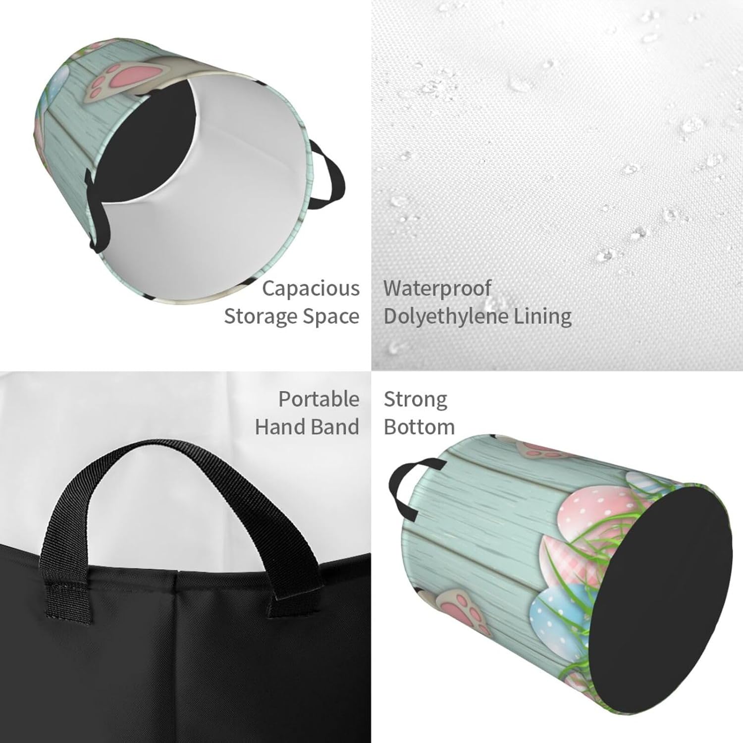 Easter Eggs Bunny Tail Laundry Basket with Handle Waterproof Collapsible Cloth Hamper Round Storage Basket for Bathroom Bedroom College Dorm