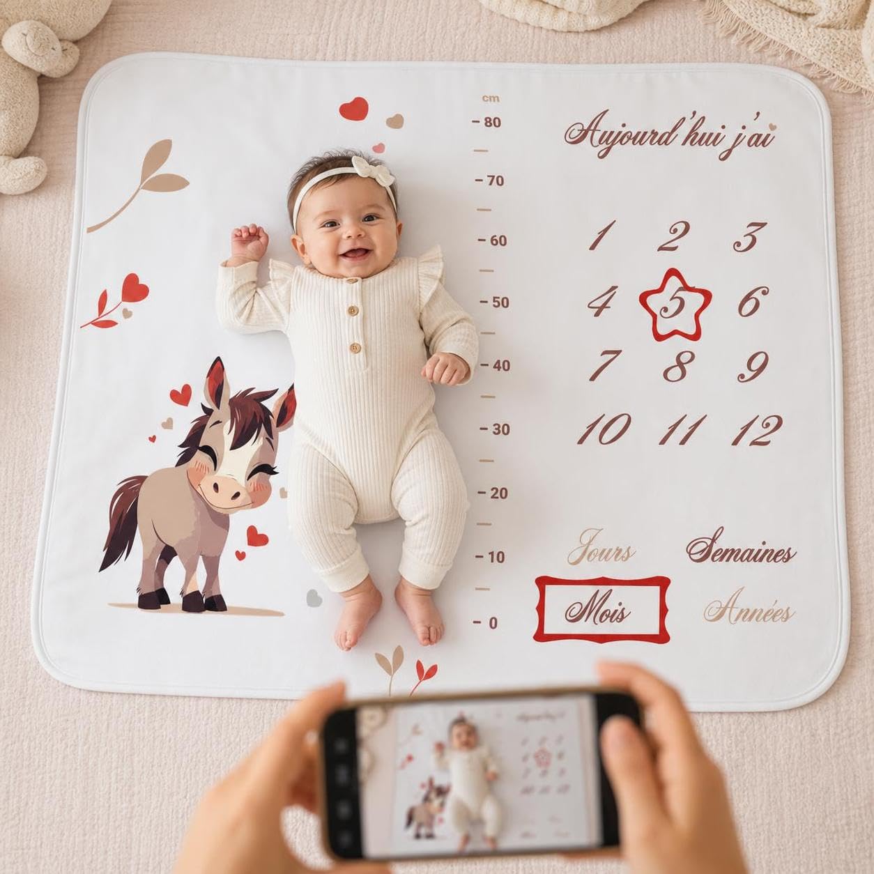 Couverture Étape Bébé en Français | Tapis Evolution | Garçon ou Fille, Unisexe | Fleurs, Coeurs, Cheval | Suivi Âge & Taille | Cadeau Naissance | Doux & Confort | 120x100cm