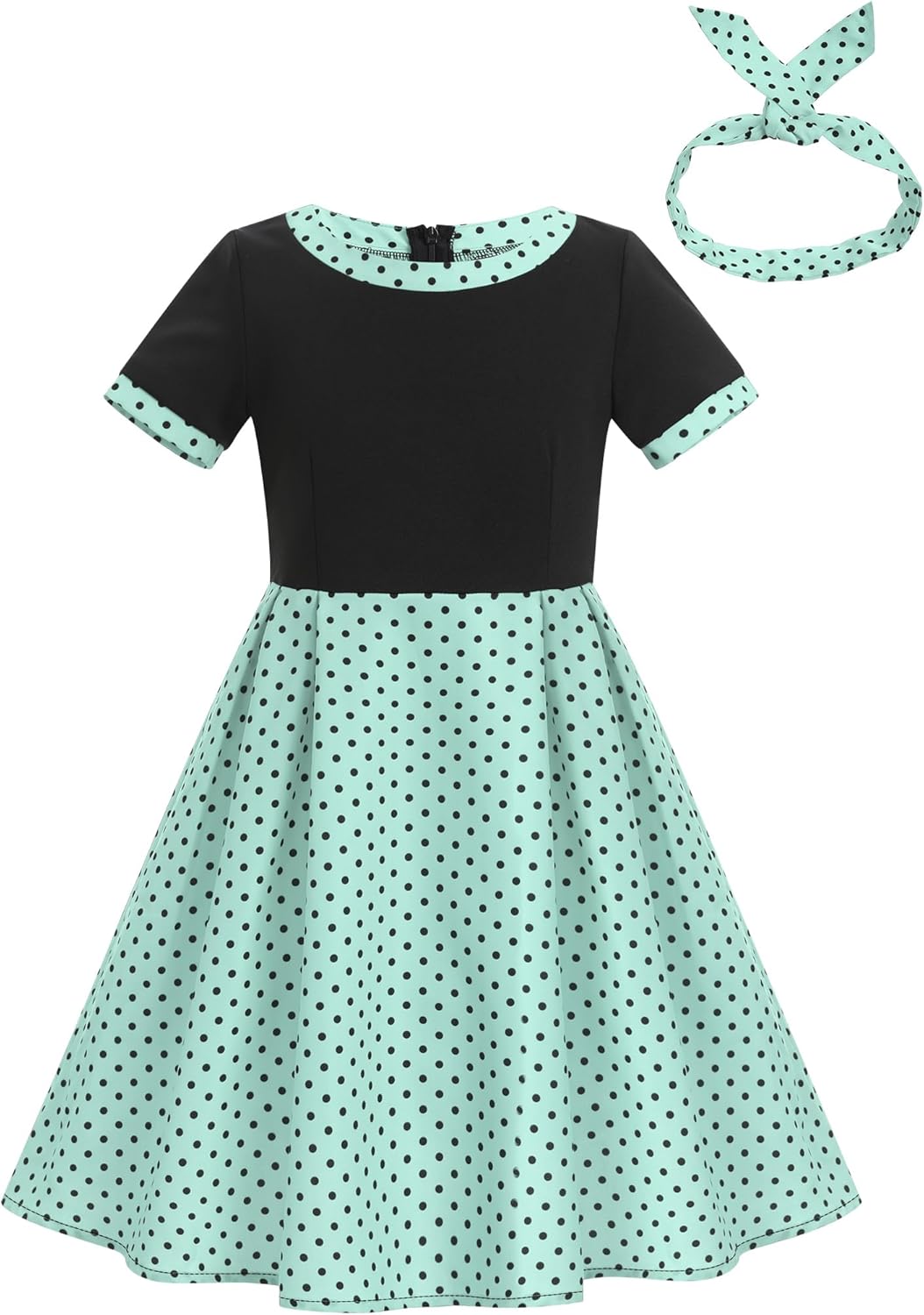 ODIZLI Kids Girls 1950s Retro Vintage Dress Short Sleeve Polka Dot Swing Dress and Headband Party Dresses