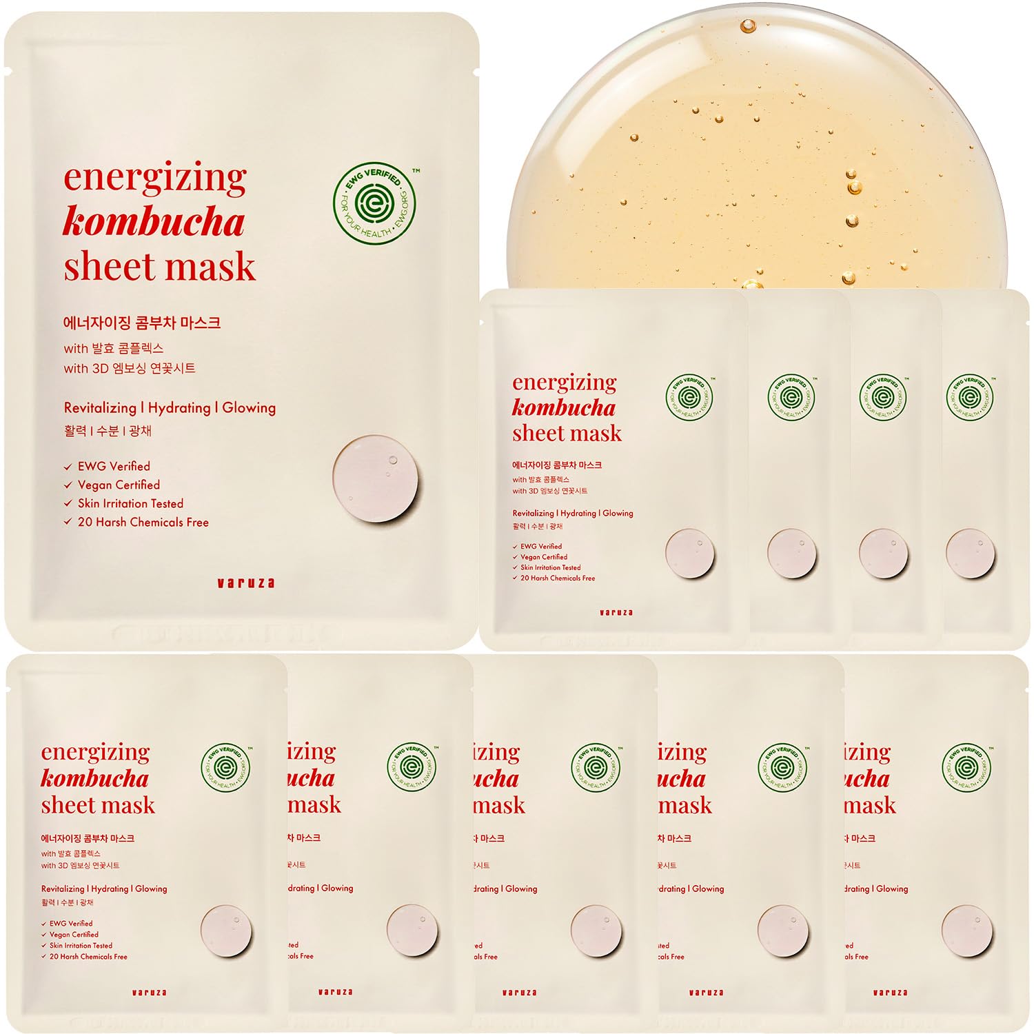 varuza EWG Verified Kombucha Sheet Mask Lyocell 3D Snow Crystal Sheet Fermented Bifida 20 Harsh Chemicals Free Clean & Radiant Skin