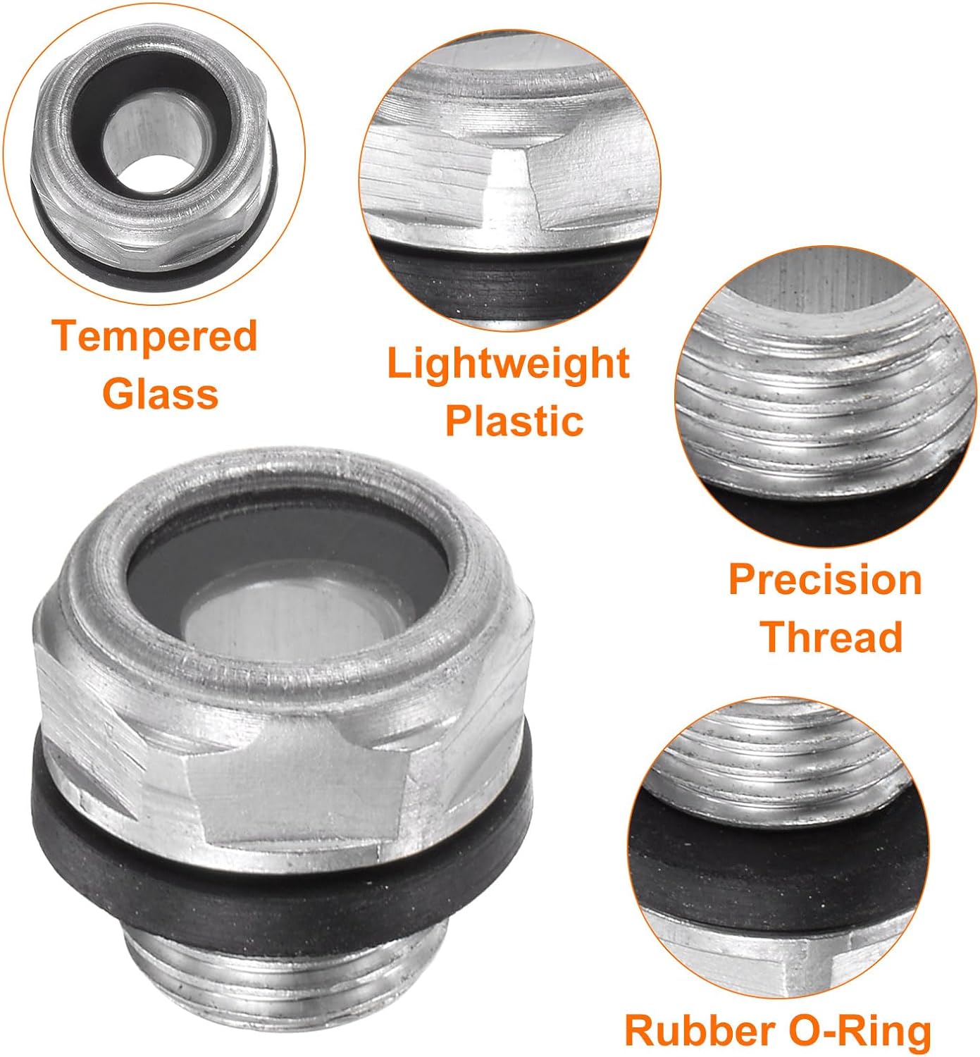 HARFINGTON 2pcs Air Compressor Oil Sight Glass 10 x 1mm Male Thread Liquid Level Gauge Aluminum Alloy Hex Head Oil Indicator Window with O-Ring for Air Compressor Gearbox Tanks, Silver