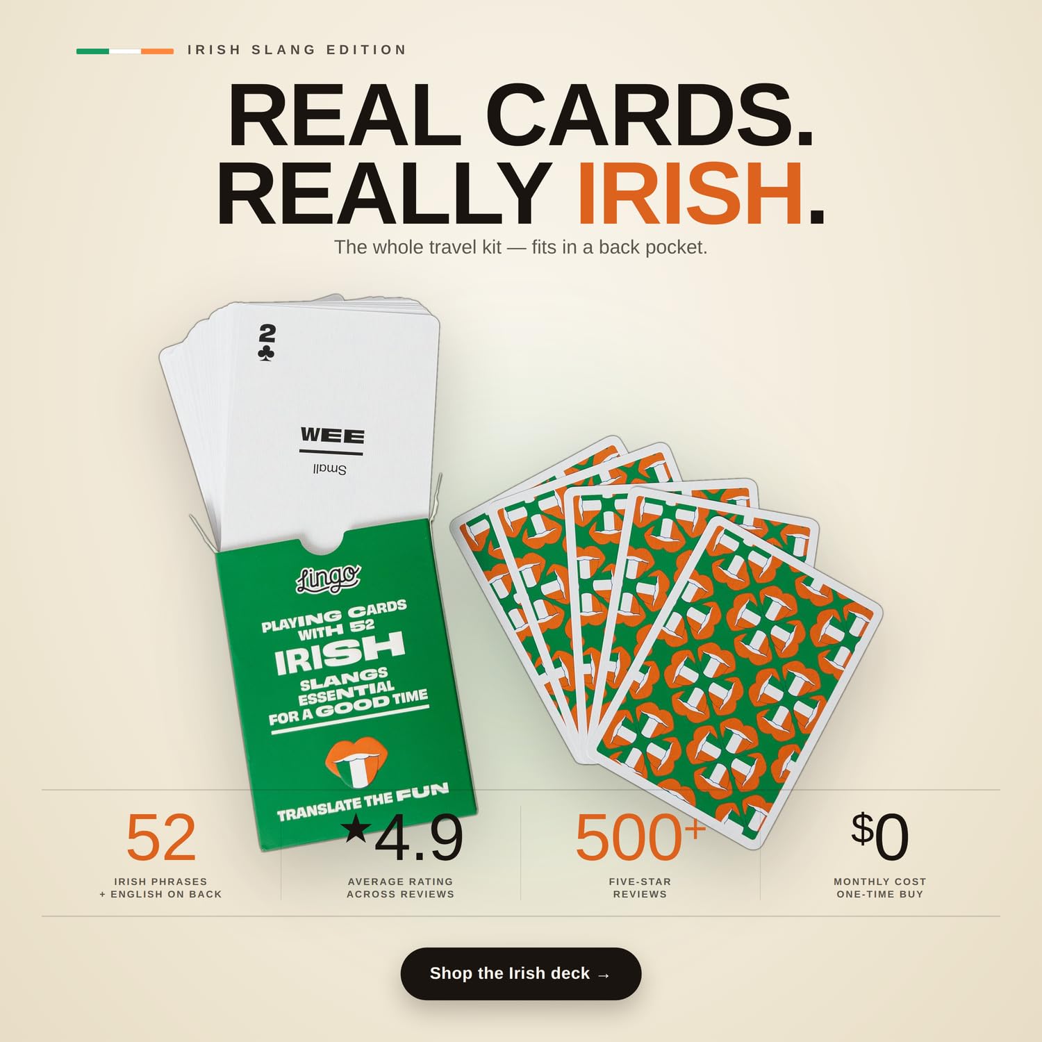 Lingo Irish Slang Spielkarten, 52 lustige Ausdrücke und Sätze, lustiges Kartenspiel, Geschenk für Amerikaner, St. Patrick's Day & Heritage-Liebhaber, Gesprächsstarter für Erwachsene