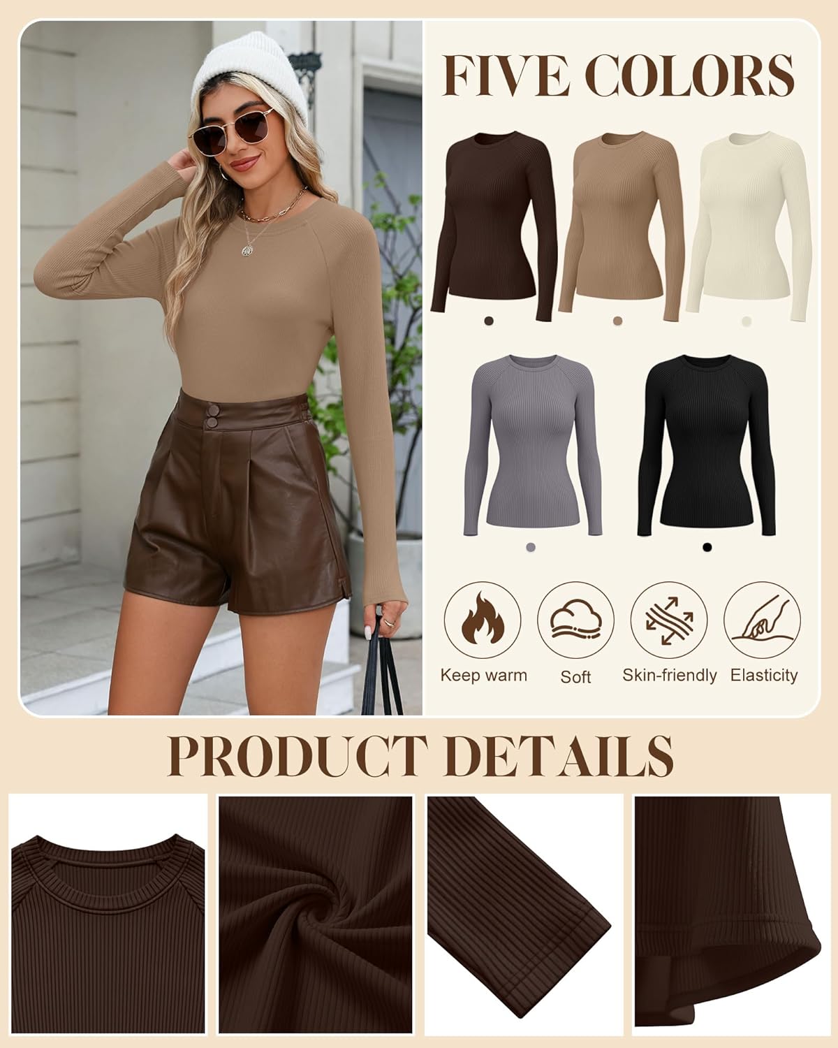 5 Pack Women's Thermal Long Sleeve Shirts Ribbed Knit Cotton Tops Crewneck Warm Base Layer Fitted Undershirts - Image 6