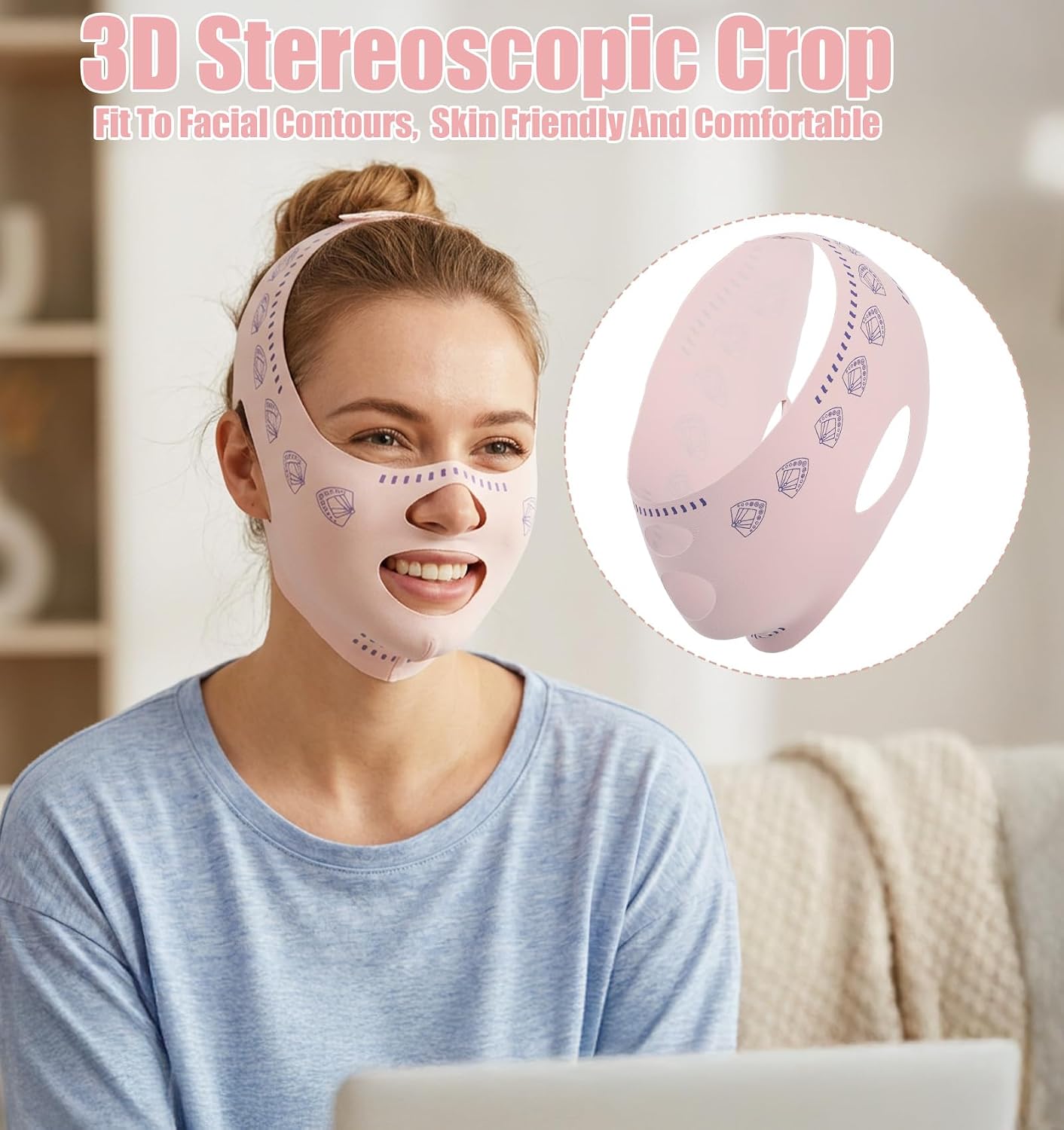 Chin Strap for Sleeping, 2PCS V Line Face Lifting Strap Jawline Definition & Double Chin Reduction, Breathable Reusable (Pink, 20.5x4.5 Inch)