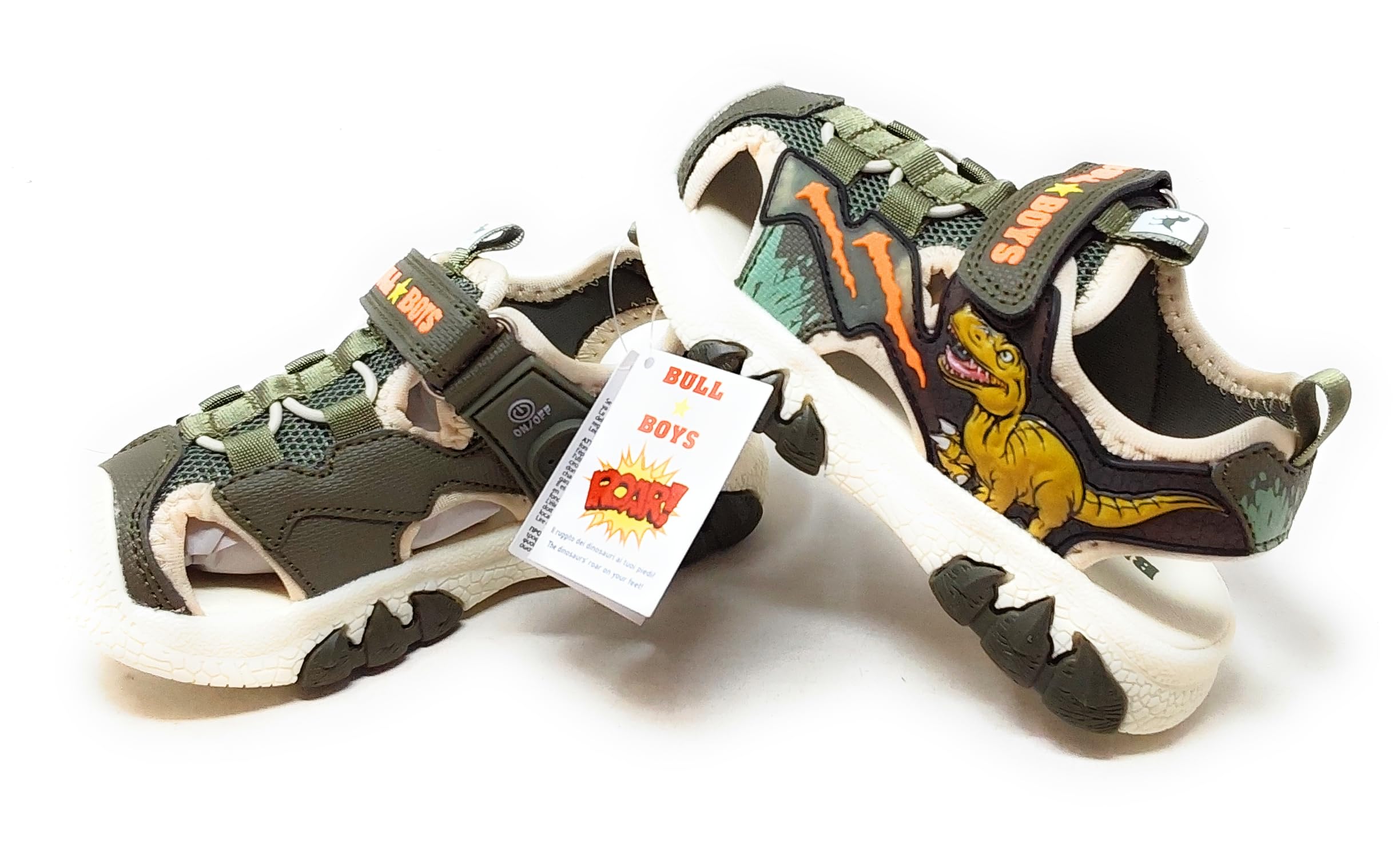 Bull Boys Sandali Sportivi per Bambini con audio Dinosauro T-Rex,Verde giungla,Strappo,Modello DNCR5190