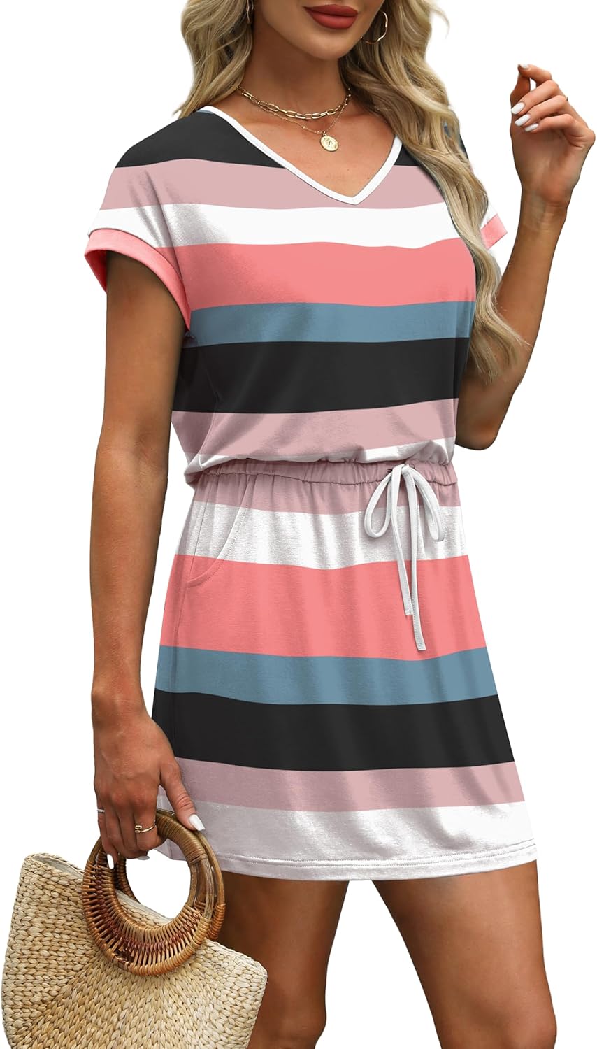 OFEEFAN Summer Dresses for Women 2026 V Neck T Shirt Casual Mini Dresses Tie Waist Sundresses with Pockets - Image 4