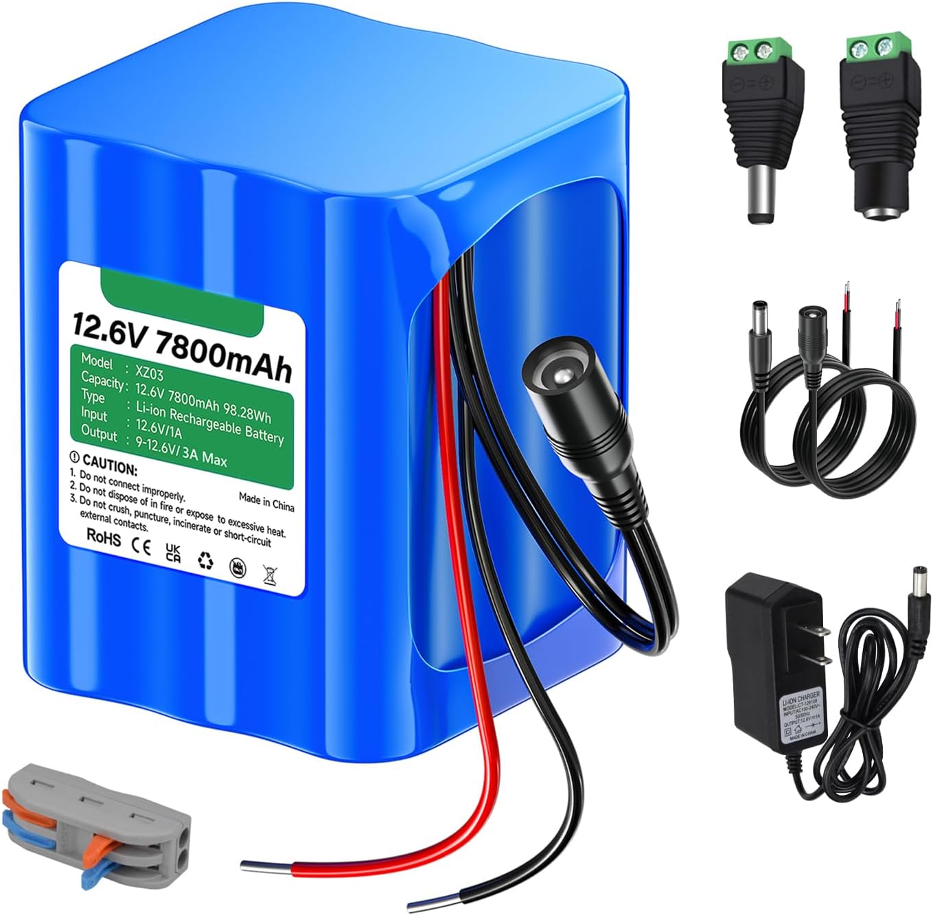 12V Rechargeable Battery 7800mAh with Charger, Bare Leads Wire Battery Pack Compatible with 12V Devices, DIY Projects, Speakers, RC Car, Solar Panels, LED Light Strip, CCTV Camera, etc