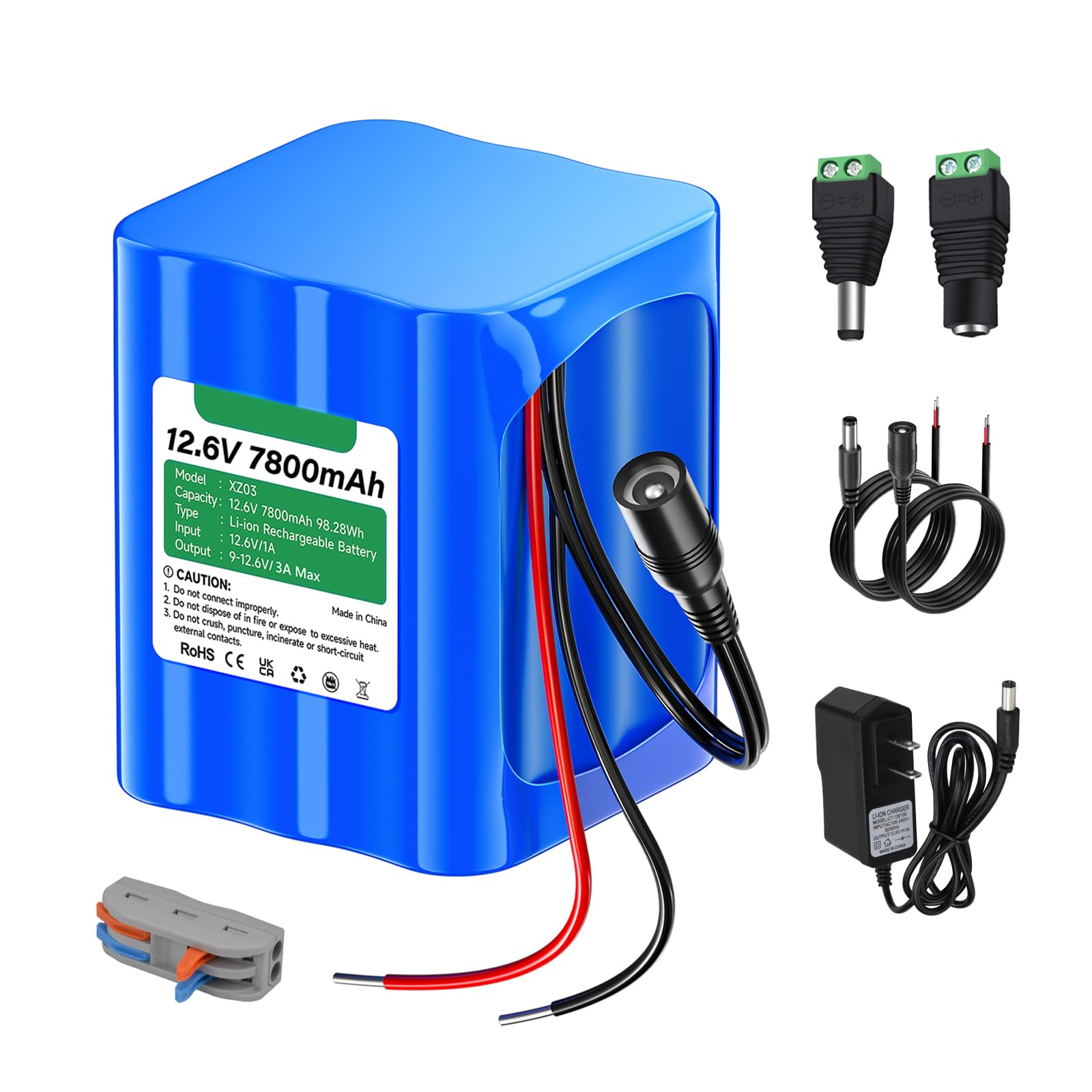 12V Rechargeable Battery 7800mAh with Charger, Bare Leads Wire Battery Pack Compatible with 12V Devices, DIY Projects, Speakers, RC Car, Solar Panels, LED Light Strip, CCTV Camera, etc