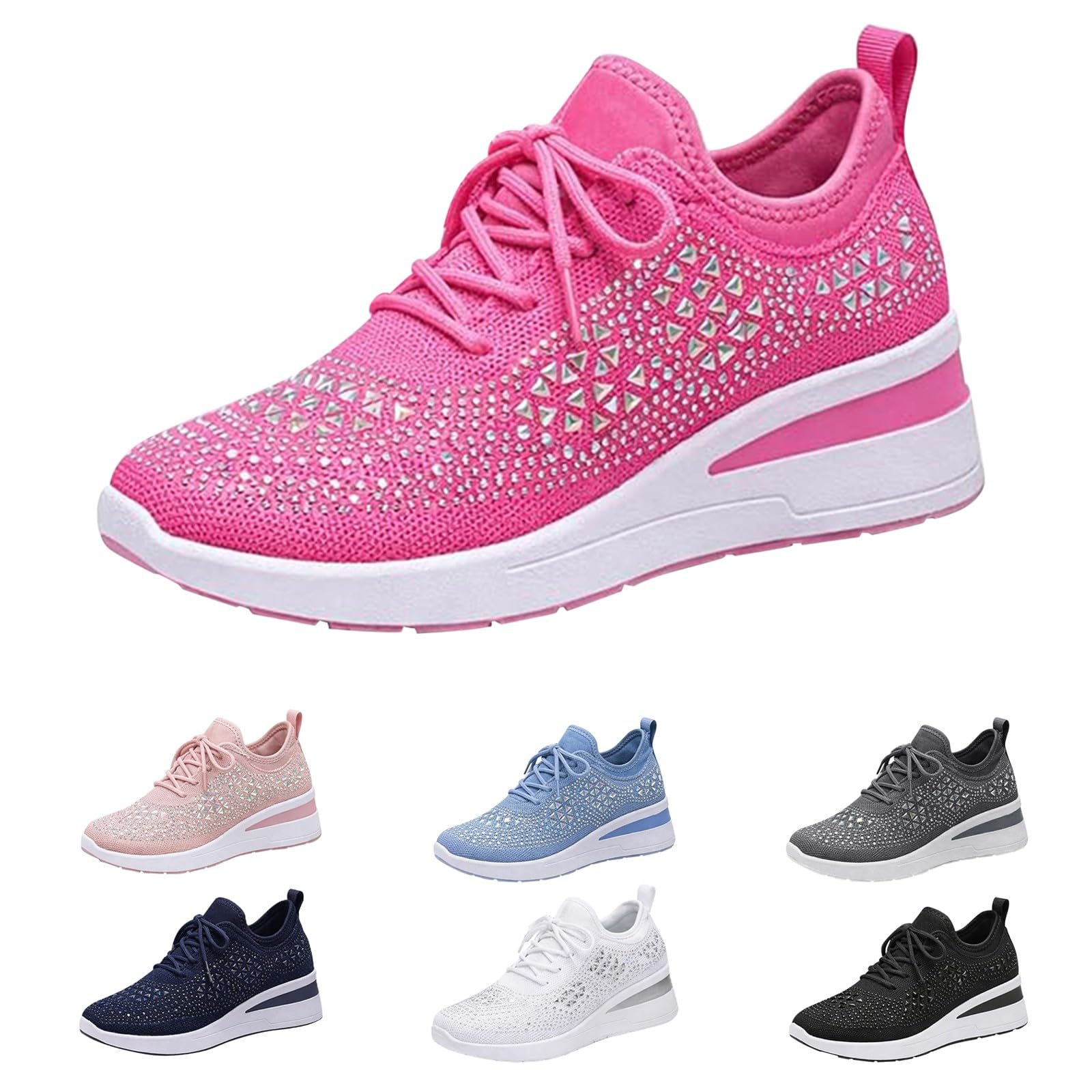 Scarpe da ginnastica da donna con plateau impreziosite con strass e maglia traspirante per abiti casual alla moda, Rosa acceso, 40 EU