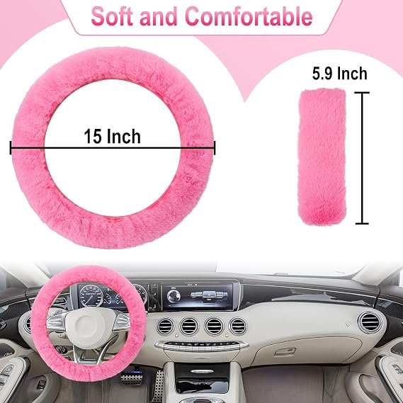 3 PCS Fluffy Steering Wheel Cover Set, 15'' Furry Car Wheel Cover, 2 Seat Belt Shoulder Pads, Anti-Slip Fur Steering Wheel Cover, Winter Warm Fluffy Car Accessories for Women, Pink