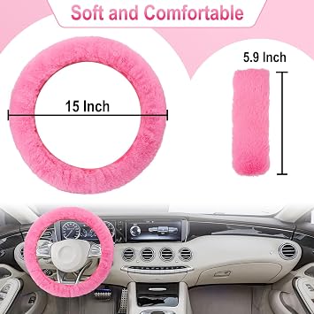 3 PCS Fluffy Steering Wheel Cover Set, 15'' Furry Car Wheel Cover, 2 Seat Belt Shoulder Pads, Anti-Slip Fur Steering Wheel Cover, Winter Warm Fluffy Car Accessories for Women, Pink