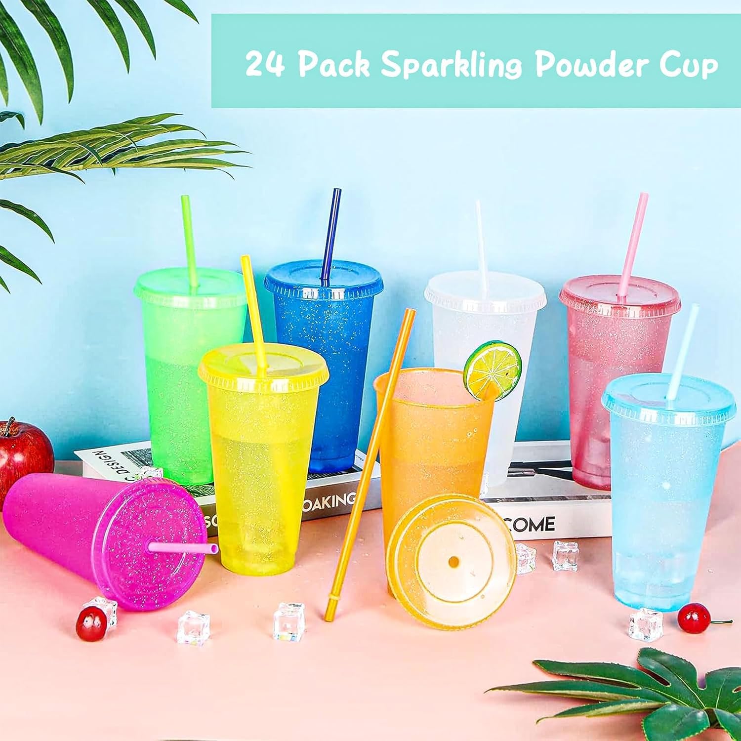 MSYU Confezione da 30 bicchieri in plastica glitterata da 680,4 g, con cannuccia e coperchio, bicchieri colorati per caffè freddo, riutilizzabili, da viaggio, per acqua, frullati, feste di compleanno
