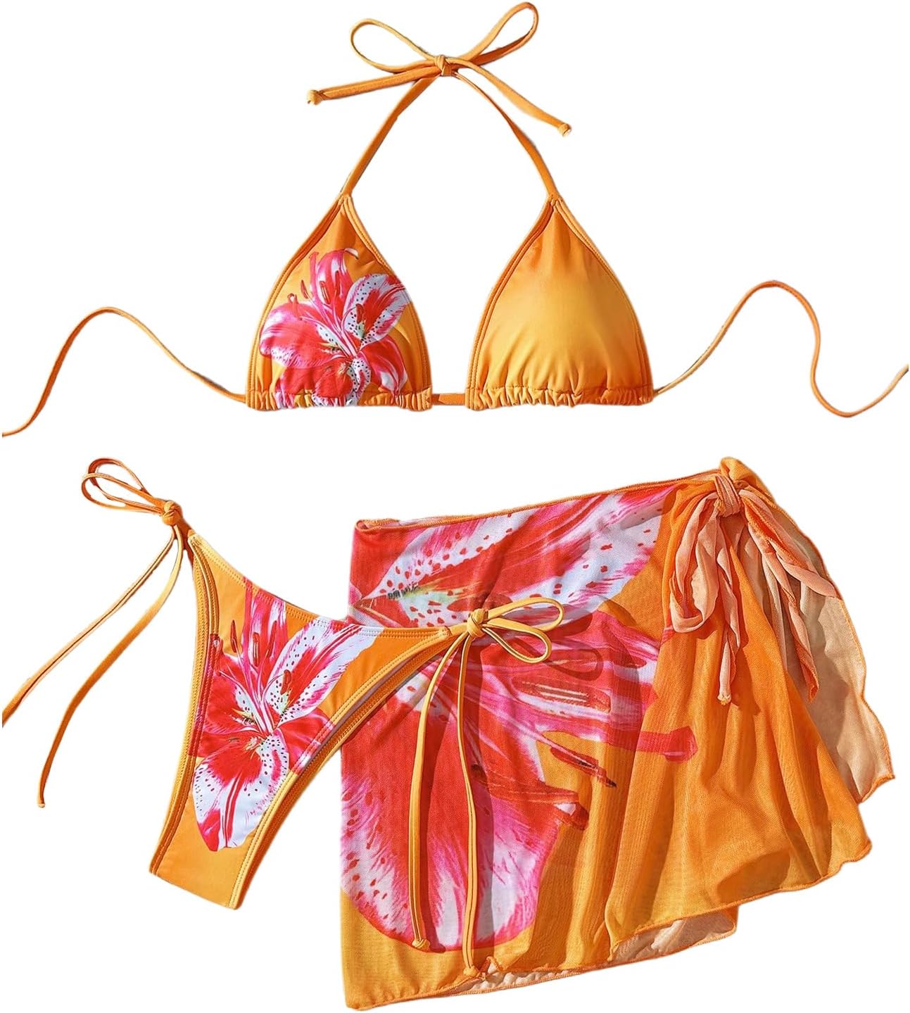 Verdusa Women's 3 Piece Floral Thong Bikini with Sheer Overlay Swimsuit with Cover Up Skirt