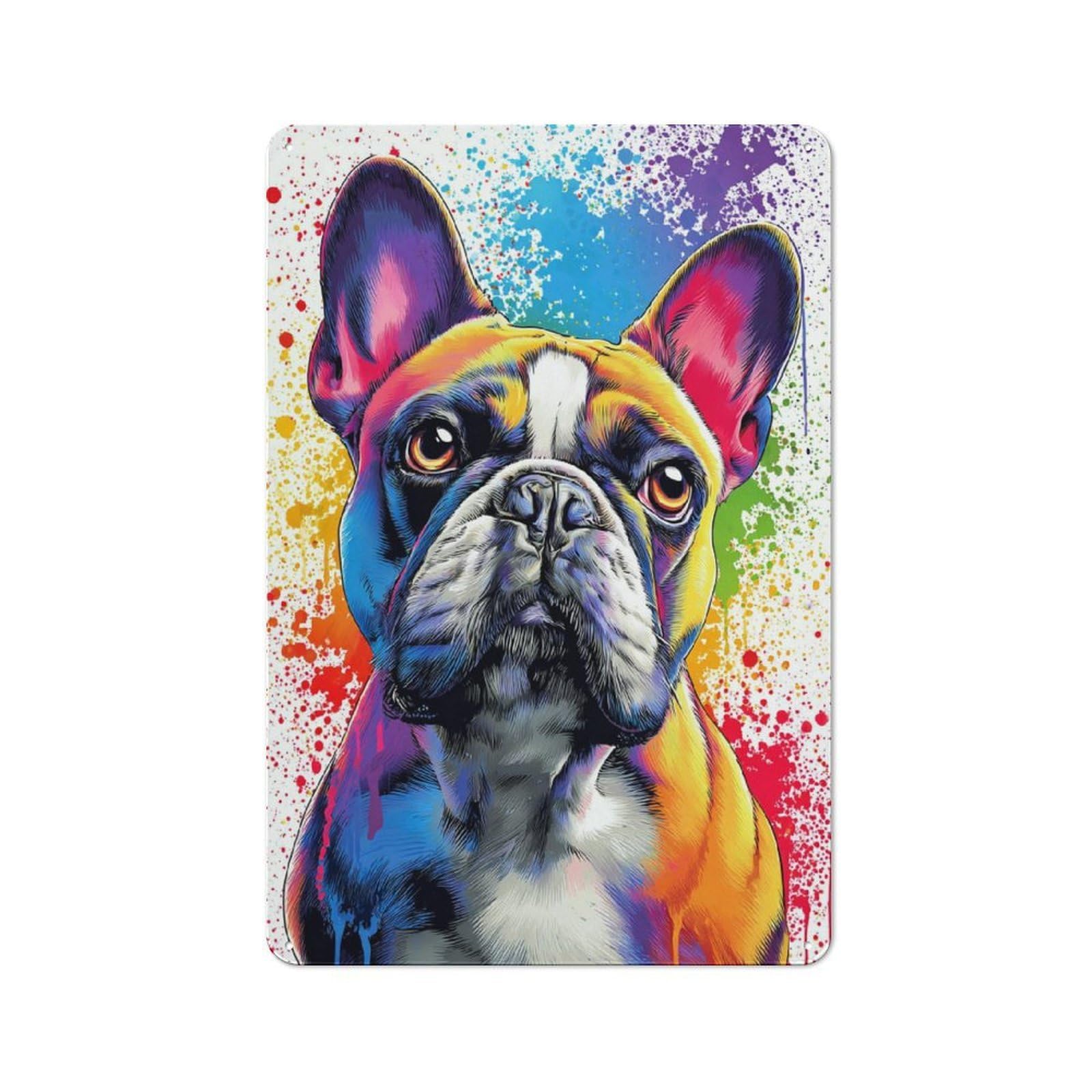 Junmoney Colorful French Bulldog Art Print -1 Tin Wall Plaque 30X20cm With For Garage Or Workshop, For Living Room, Hallway And Entrance Wall Decor
