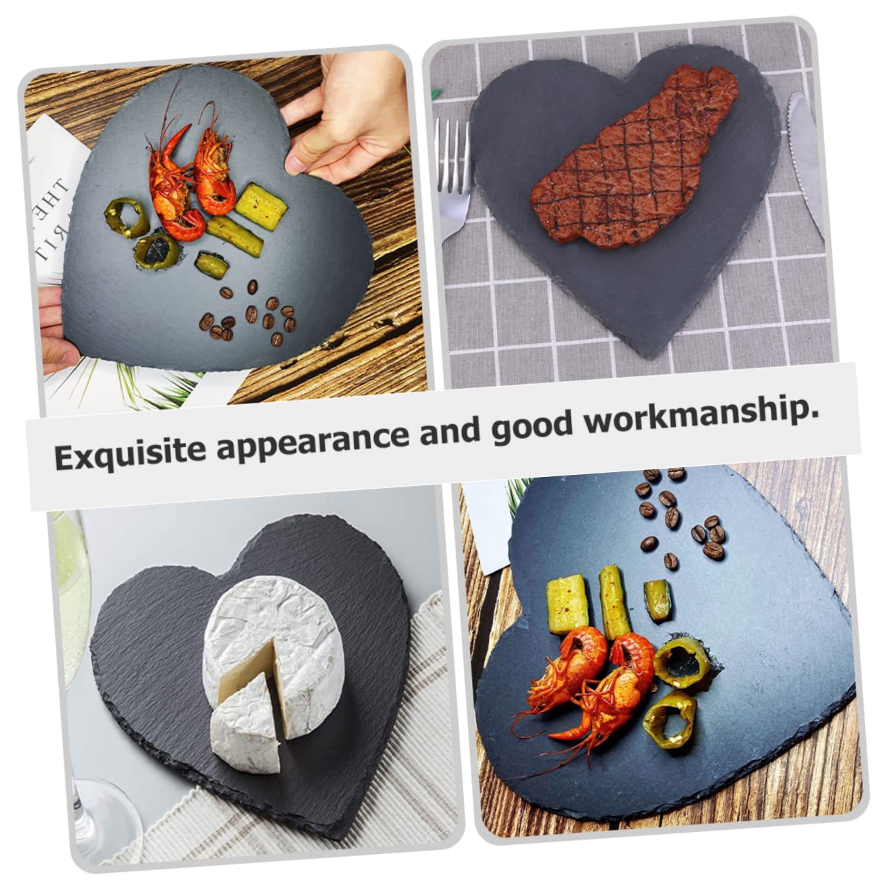 SECFOU Plato de Pizarra en Forma de Corazón Negro 4 Pulgadas, 3 Piezas | Piedra Natural, Estilo Europeo Rústico, para Hotel y Restaurante Occidental