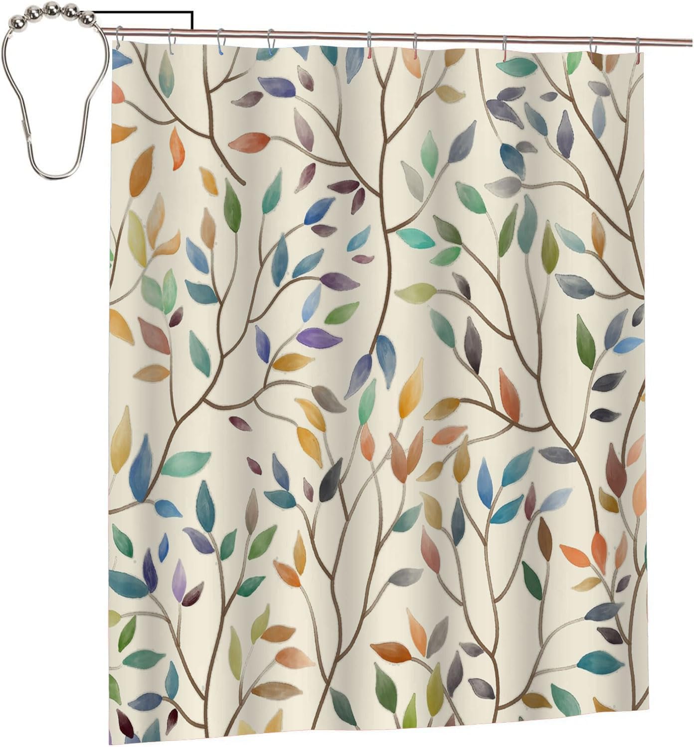 Shower Curtain Boho Floral, Fall Colorful Flower Leaves Machine Washable for Bathroom Bathtub Decor with 12 Hooks, 60x72 Inch