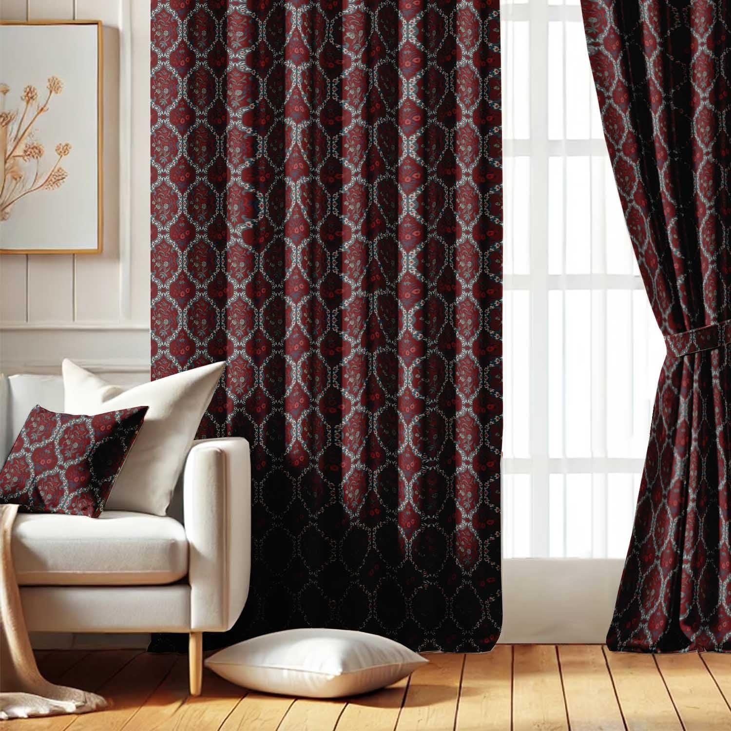 Printed Blackout Curtains - Maroon Geometrical Floral Design, Set of 2 Panels, 42 x 63 Inches - Room Darkening, Thermal Insulated Window/Door Drapes with Grommets