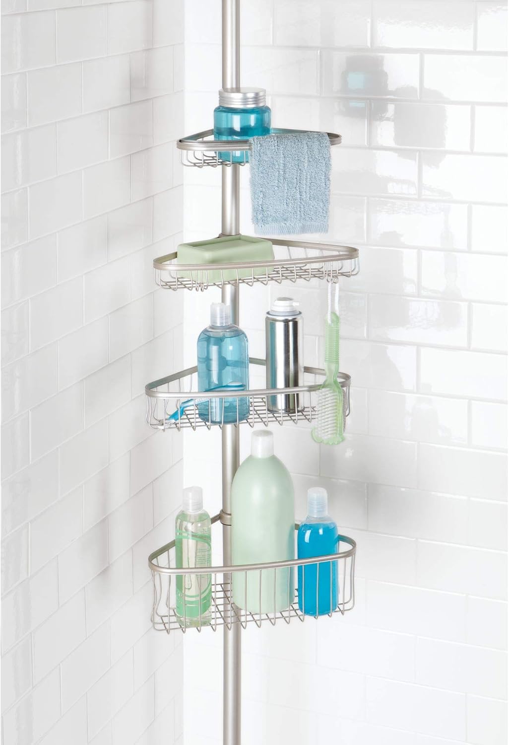 Free Shipping 🛒 iDesign York Metal Wire Tension Rod Corner Shower Caddy, Pole, and Baskets for Shampoo, Conditioner, Soap, Adjustable 5'-9' Height, Satin Silver