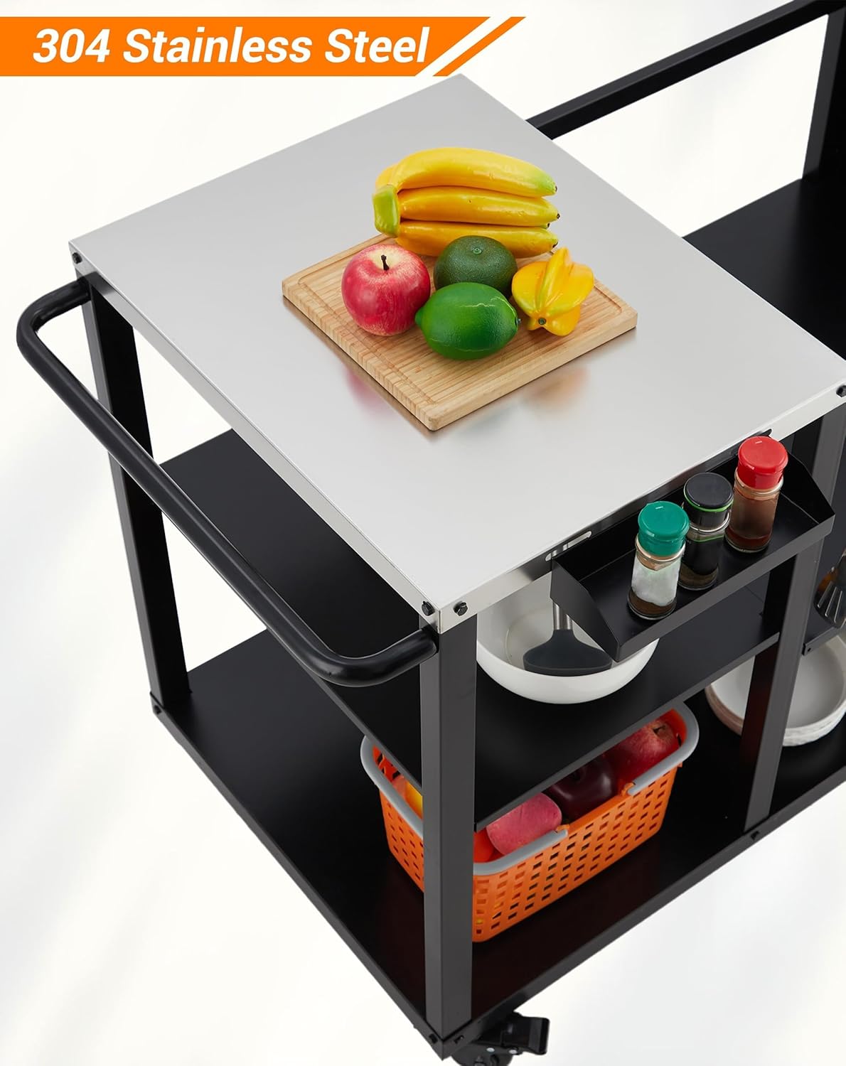 Grill Table for Big Green Egg, Heavy Duty Metal Outdoor Grill Station Prep Table with Stainless Steel Top, Storage Cabinet & Wheels, Outdoor Kitchen Island, Compatible with Egg Kamado Griller