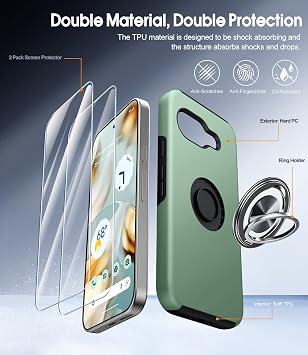AOUIA for Google Pixel 10A Case with 2-Pack Screen Protector, 3-in-1 Set Cover, 360°Rotating Metal Ring Stand Anti-Scratch Shockproof Phone Case for Google Pixel 10A 6.2