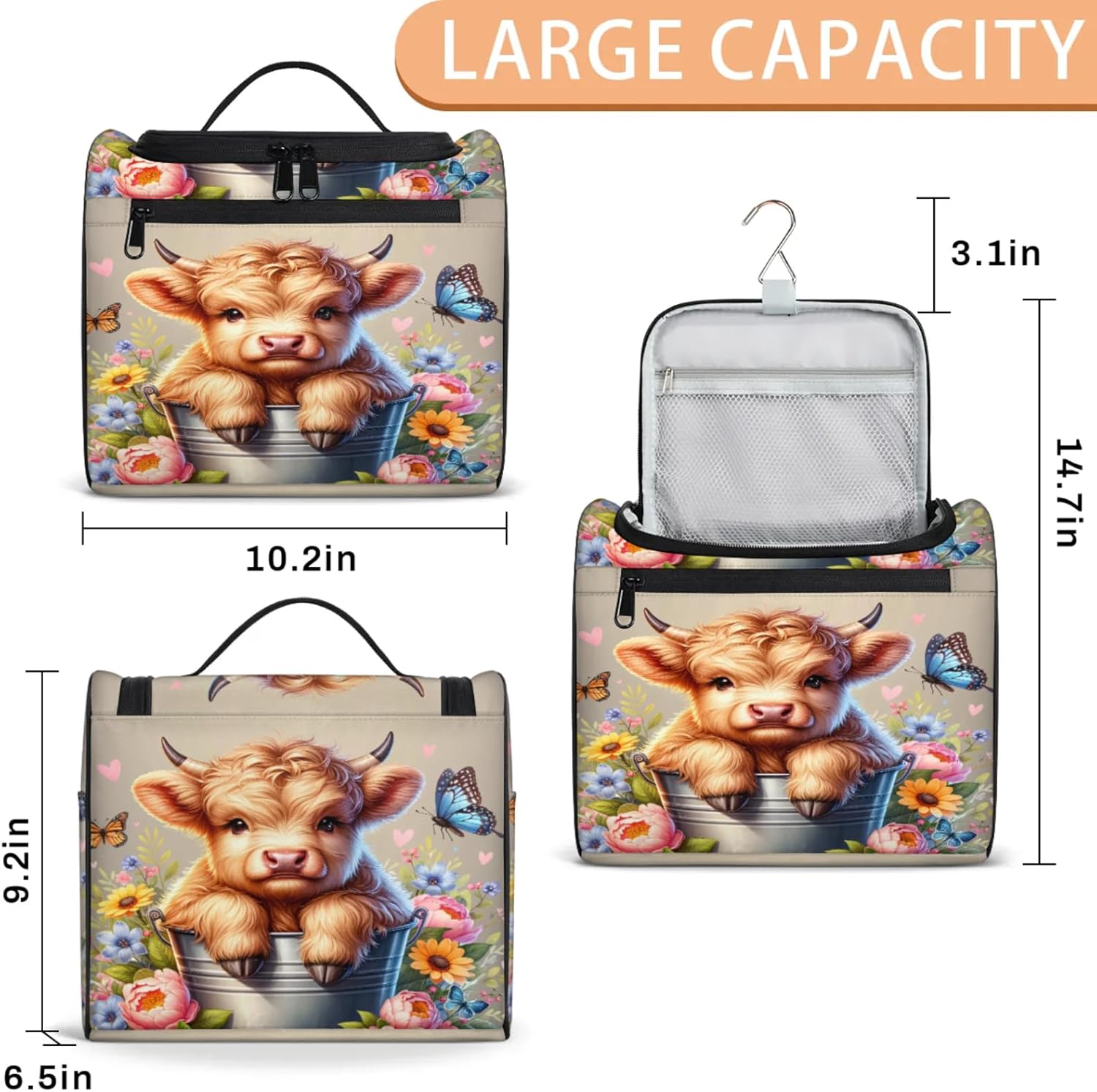 cfpolar Toiletry Bag for Women, Animal Cow Hanging Travel Toiletry Bag, Water-resistant Cosmetic Makeup Organizer for Toiletries and Cosmetics, Bathroom Shower Bag with Handle and Hook