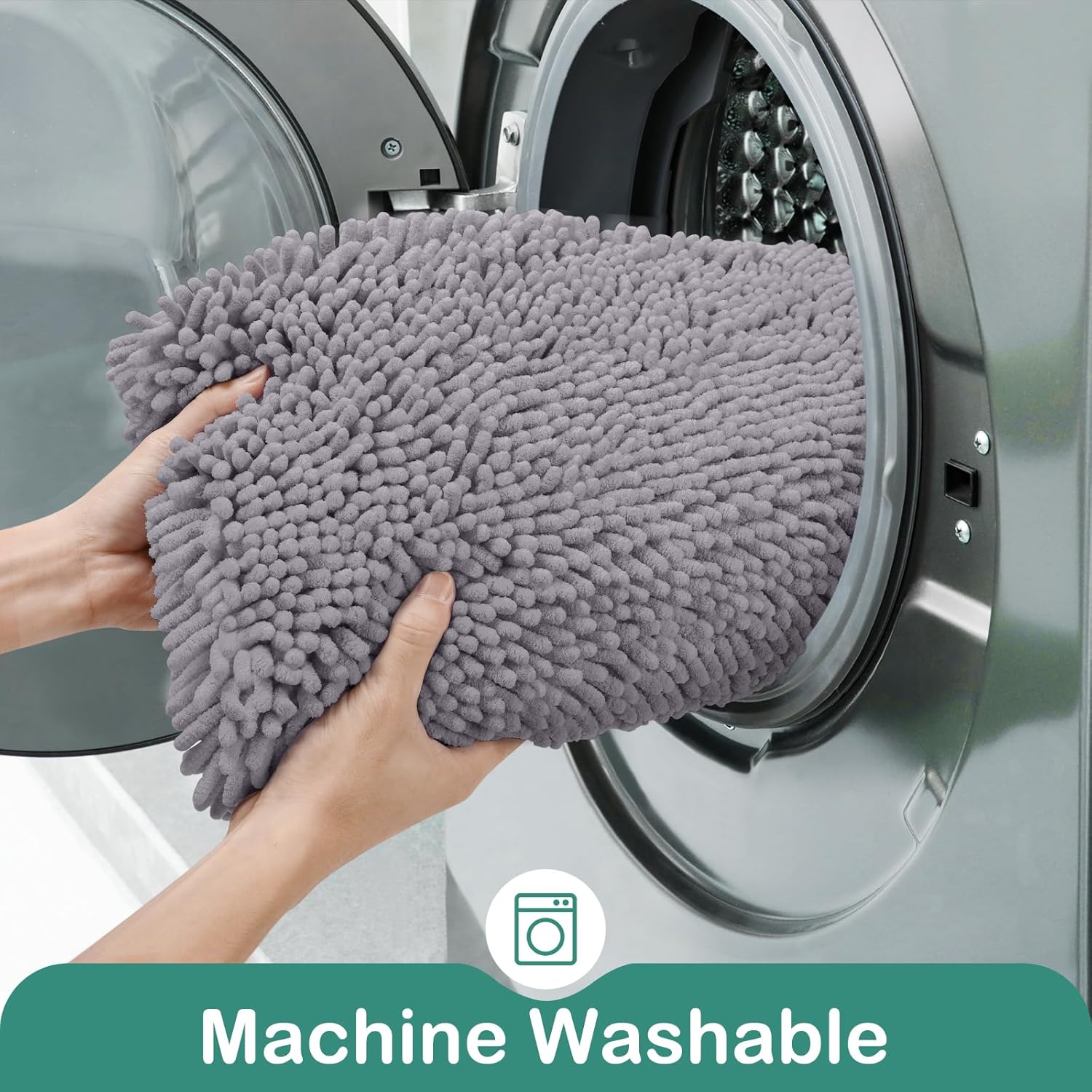 HOMEIDEAS Bathroom Rugs Set 2 Pieces, Ultra Soft Non Slip Absorbent Chenille Toilet Bath Mat Set (Grey) - Image 7