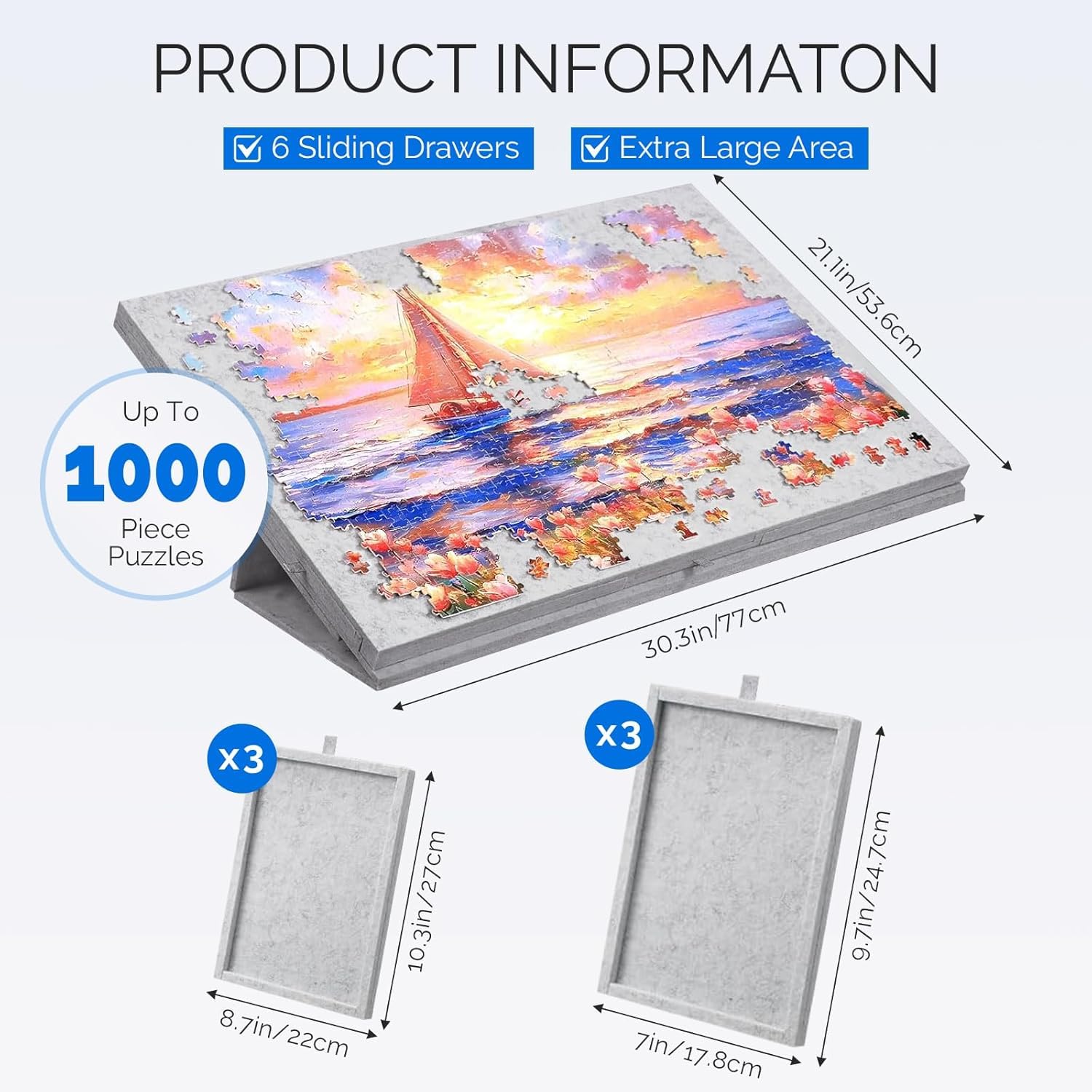 Tabla Inclinable Para Puzzles De 1000 Piezas Con 6 Bandejas De Fieltro – Ligera Y Portátil Con Ángulo Ajustable, Superficie Antideslizante Y Cubierta Protectora