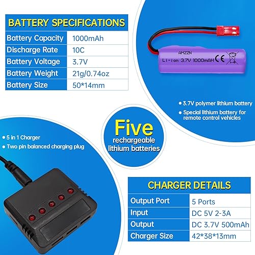 Miniatura 3 de Batería de iones de litio de 3.7 V 1000 mAh con enchufe JST-2P y cargador de 1 a 5 para Huina 1337 1338 1516 1517 RC vehículo de ingeniería,