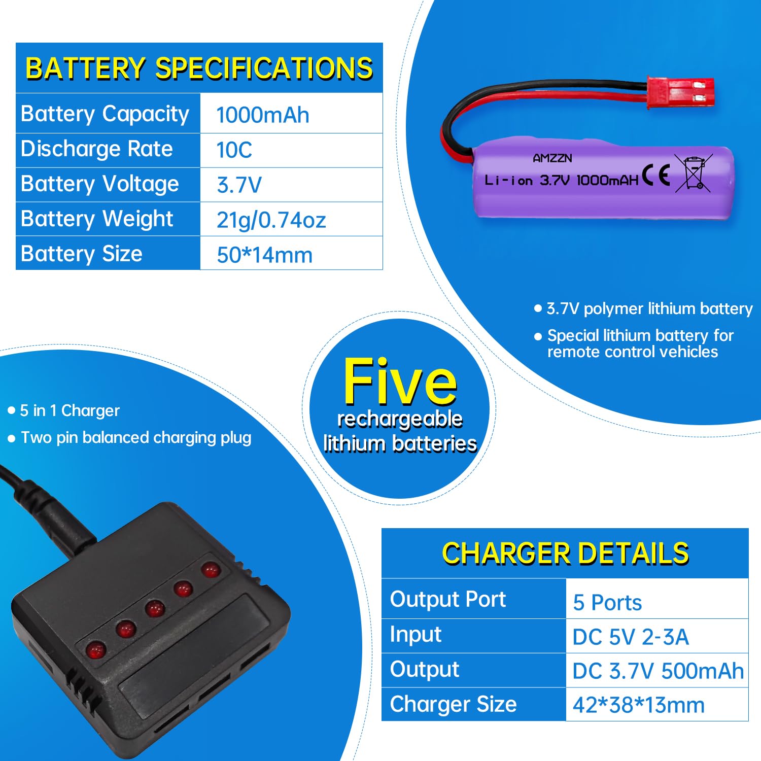 2 Batteries LiPo 3.7V 2000mAh 15C Avec Chargeur USB Pour Voiture RC Huina HJ819 Et Modèles