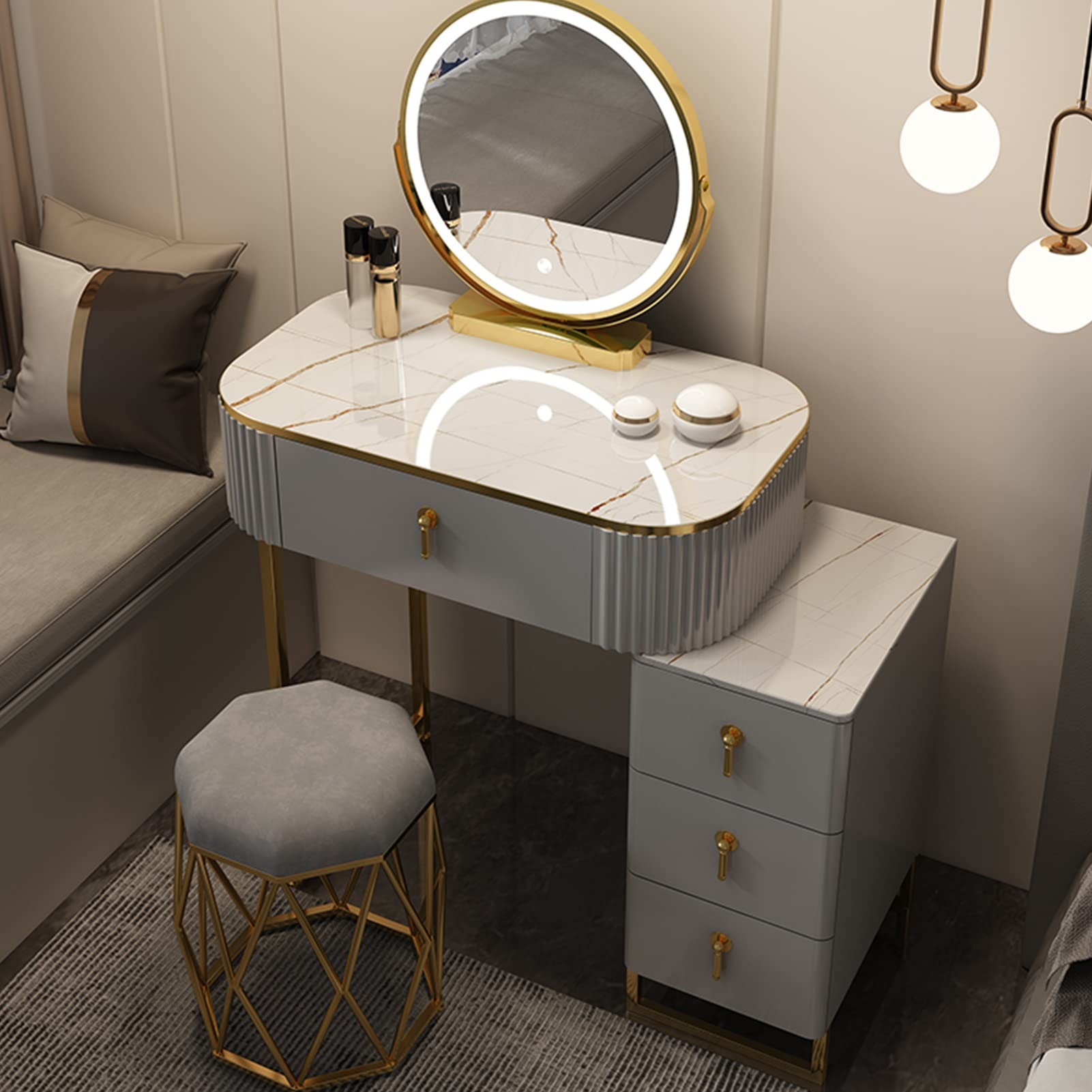 asdchZen Adjustable Led Makeup Vanity Table With Cushioned Stool & Drawers-Stylish Dressing Table For Bedroom Decor, White, 60Cm / 23.6In-Perfect Cosmetic Storage Solution,Gray a-50cm/19.6in