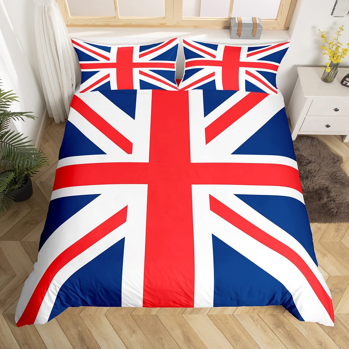 FeelyouCatalonia Union Jack Duvet Cover UK Flag Bedding Set British Flag Comforter Cover Gift for British Bedspread Cover Red and Blue Geometric Stripes Twin Size with 1 Pillow Case (No Comforter)