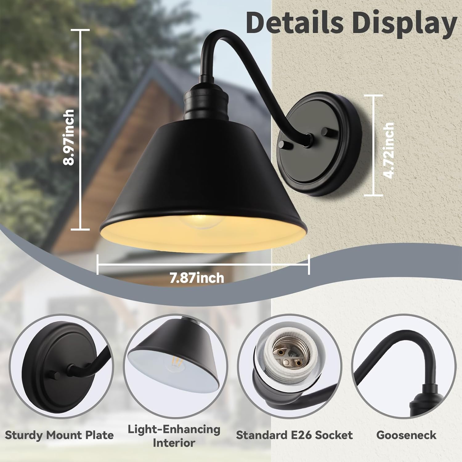 2-Pack Gooseneck Outdoor Barn Light Fixtures, 8 inch Outdoor Wall Sconces, Farmhouse Barn Light for Porch, Matte Black Exterior Wall Mount Lights, Anti-Rust, Garage, Patio, E26 Base, Hardwired