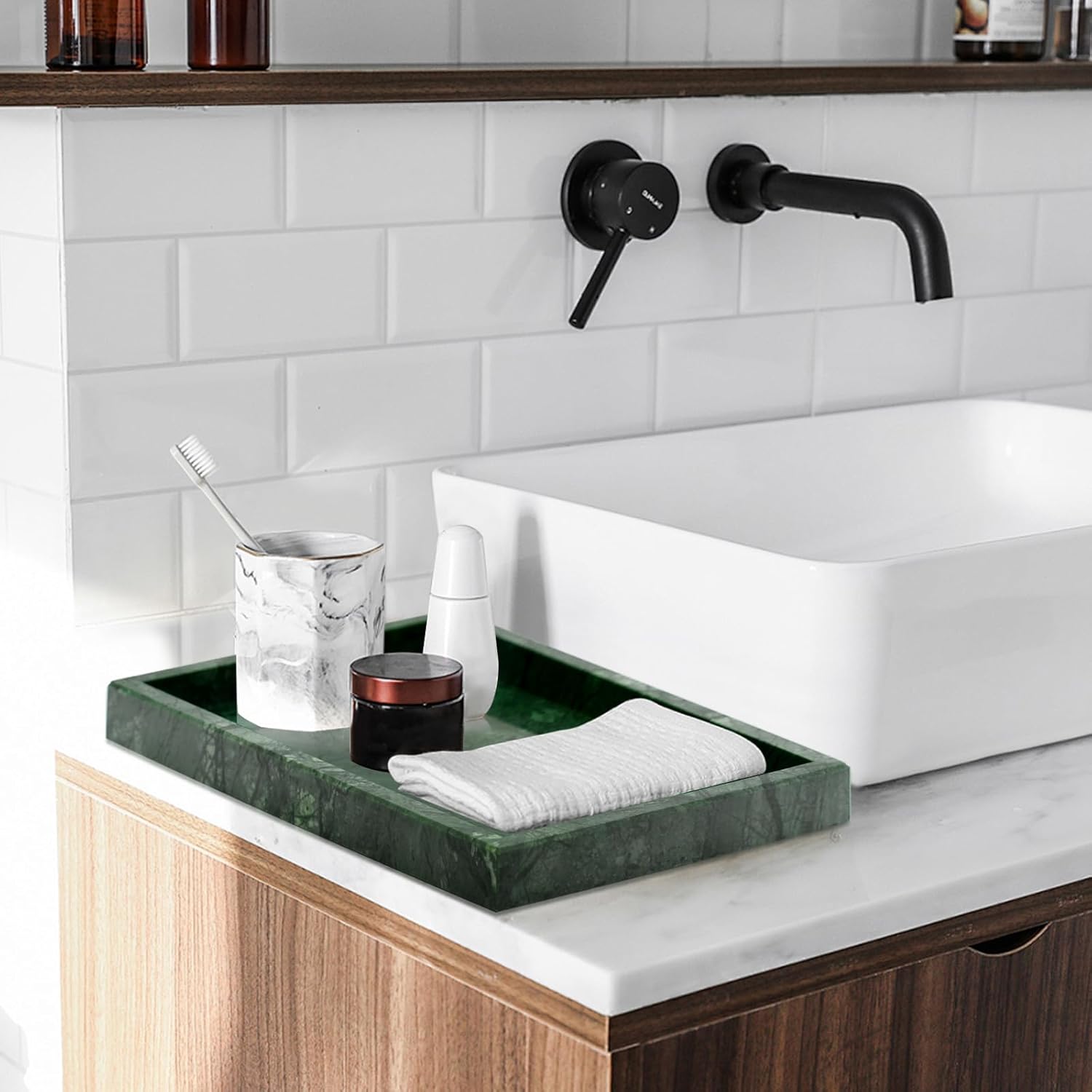 Green Marble Tray & Green Marble Toothbrush Holder Set - Modern Bathroom Organizer