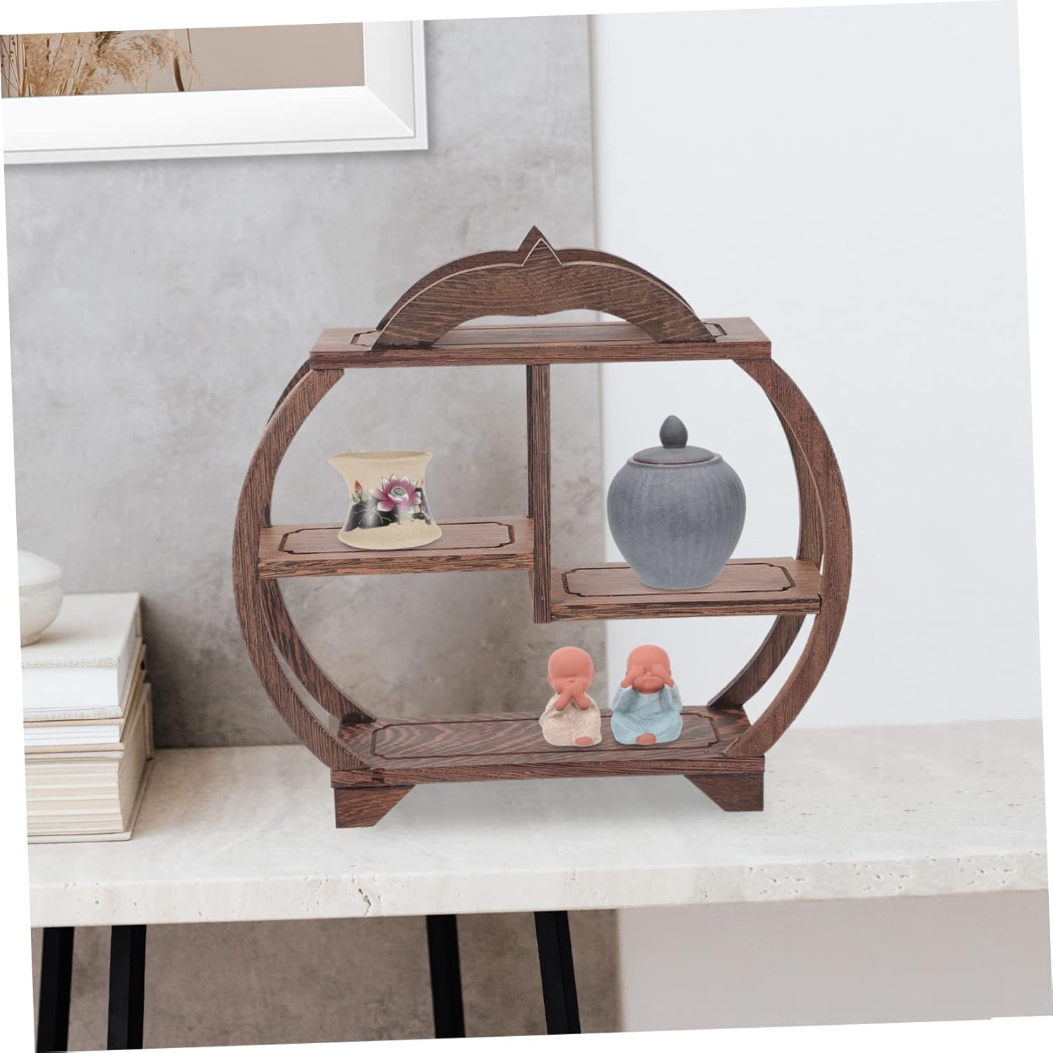 Antique Display Shelf Wooden Curio Rack Multi-Tier Design for Home Decor Tea Pot Storage and Craft Showcase for Living Room and Office Display