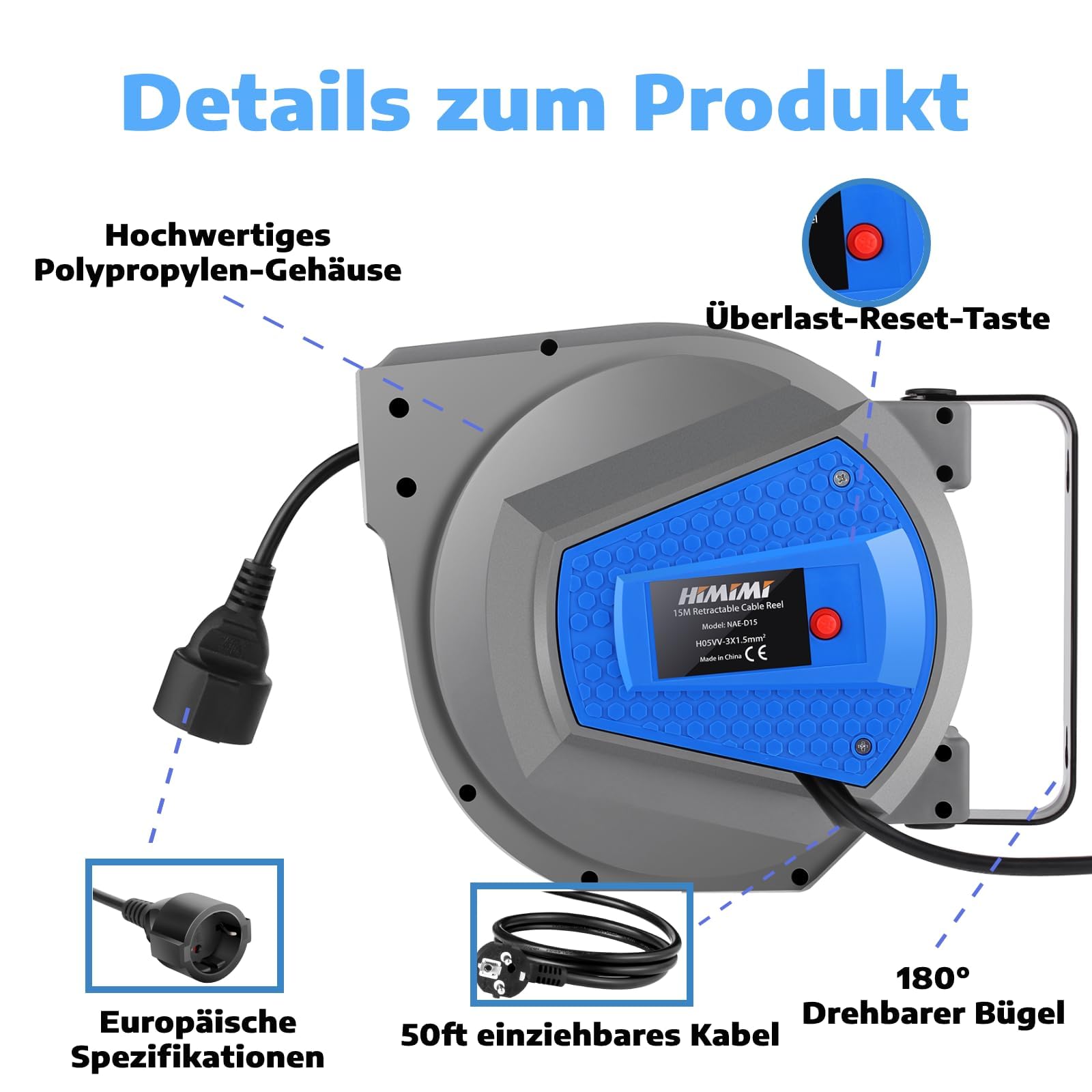 Himimi Avvolgicavo automatico 15 m + 1 m | 180° montaggio a parete | Automatic Cable Reel 1500 W ~ 3000 W | Adatto per esterni, garage, campeggio, protezione da sovraccarico