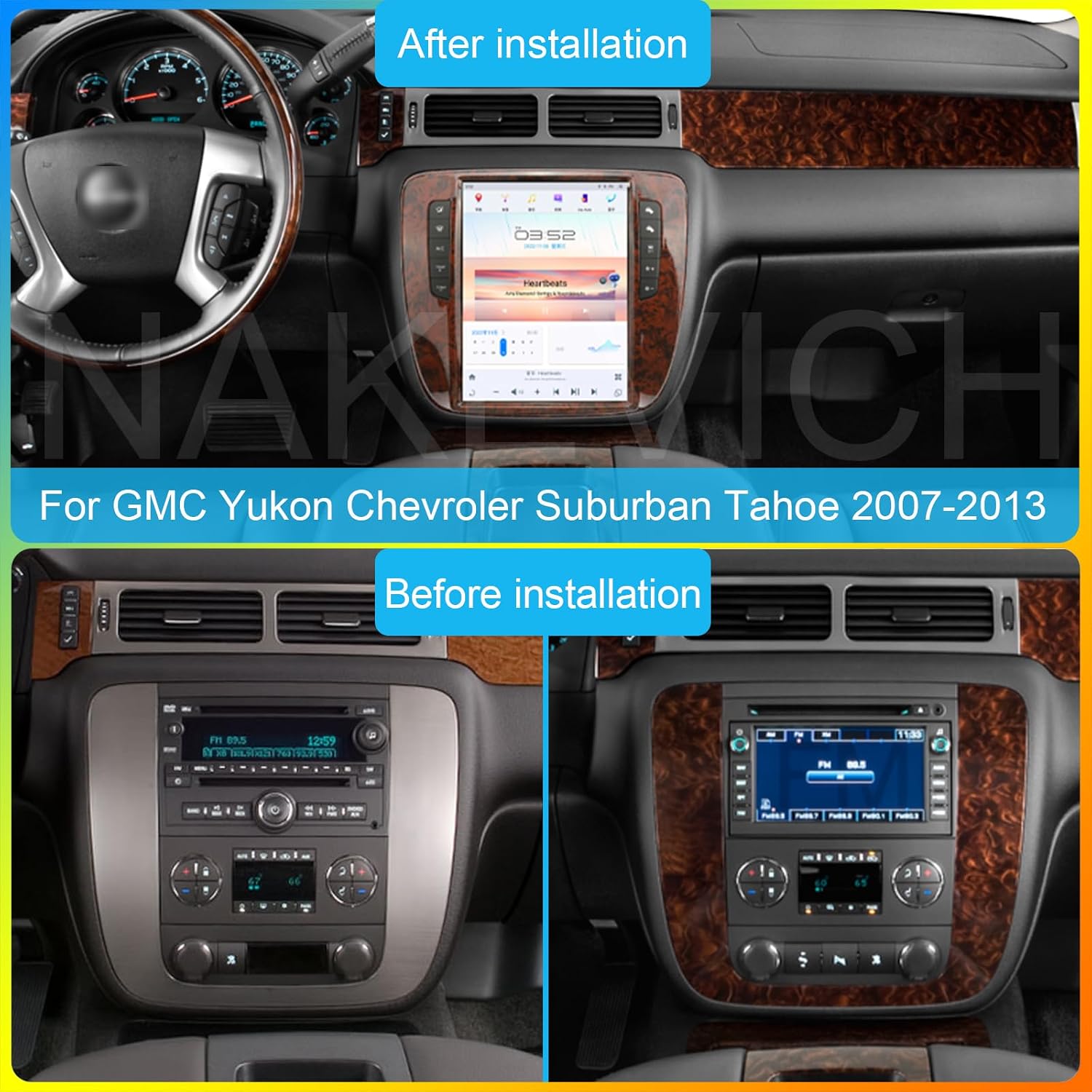 Qualcomm Android 11 Car Radio for GMC Yukon Tahoe Suburban Chevrolet Silverado 2007-2013 Stereo Upgrade Tesla Style Touch Screen Android Auto GPS Navigation Multimedia Play 8GB + 128GB