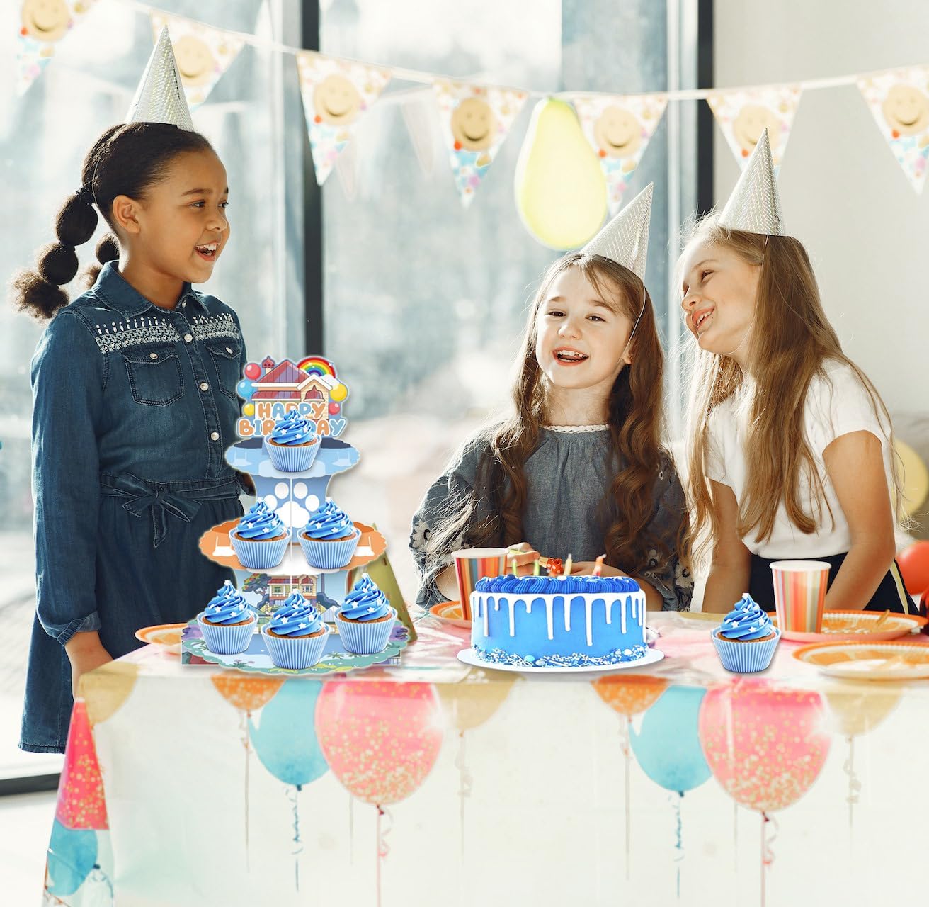 Cartoon Dog 3-Tier Cardboard Cupcake Stand for Cupcakes Dessert Tower Dog House Birthday Party Supplies for Blue Dog Theme Baby Shower Birthday Party Decorations