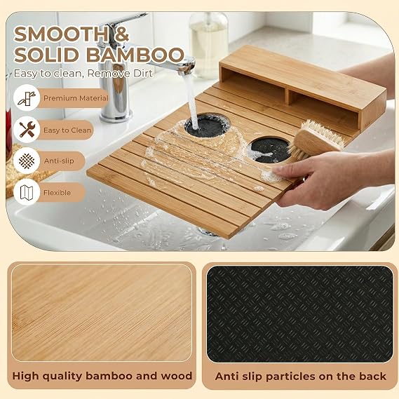 Bamboo Sofa Arm Tray with Cup Holder, Foldable Couch Arm Table with Anti-Slip Base, Wooden Armrest Organizer for Drinks, Snacks, and Remote Control