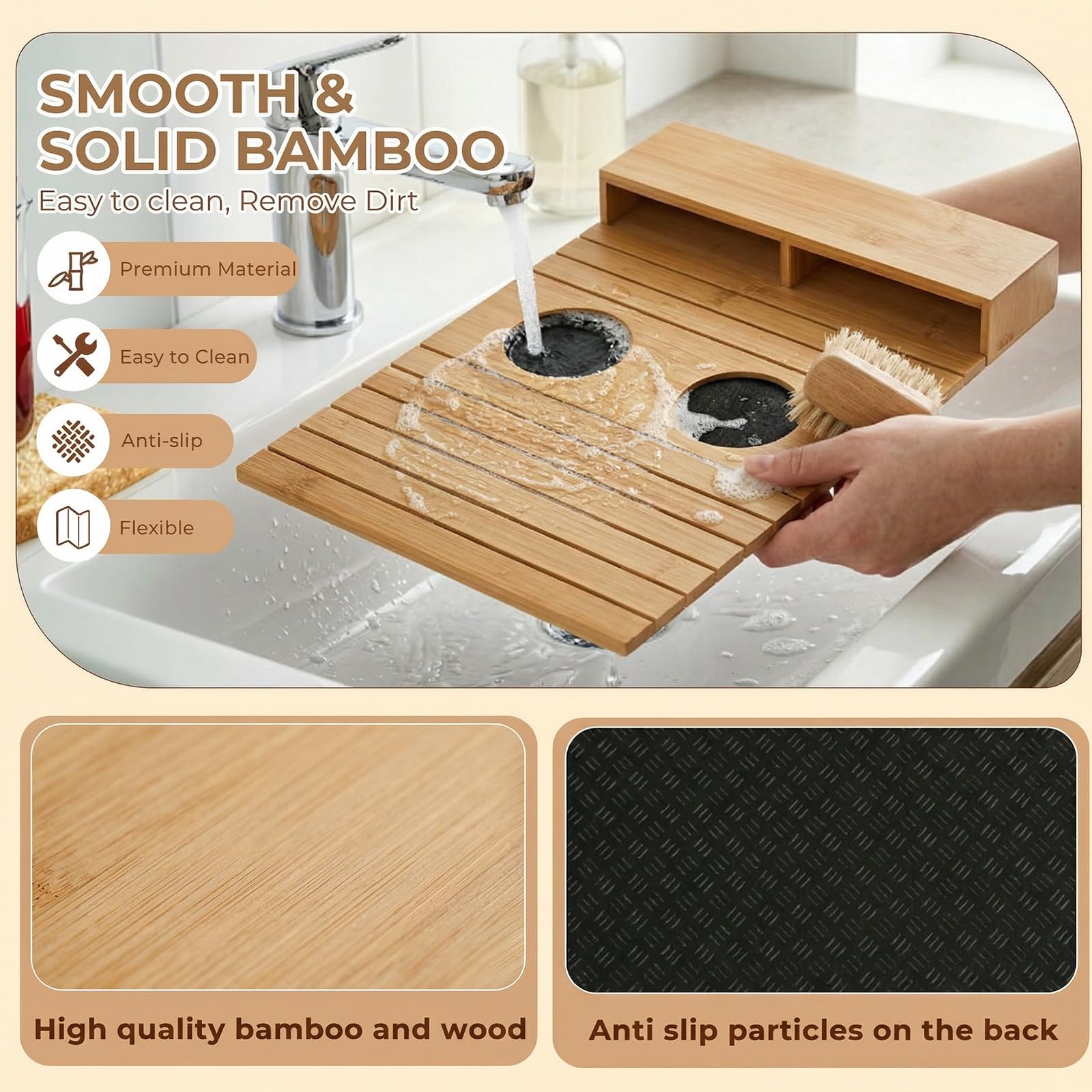 Vassoio per Bracciolo Divano in Bambù, Vassoio da Divano con Portaoggetti, Antiscivolo e Pieghevole, Tavolino Bracciolo Divano per Tazze, Snack, Telecomandi e Cellulare, 42 x 32 cm (Naturale)