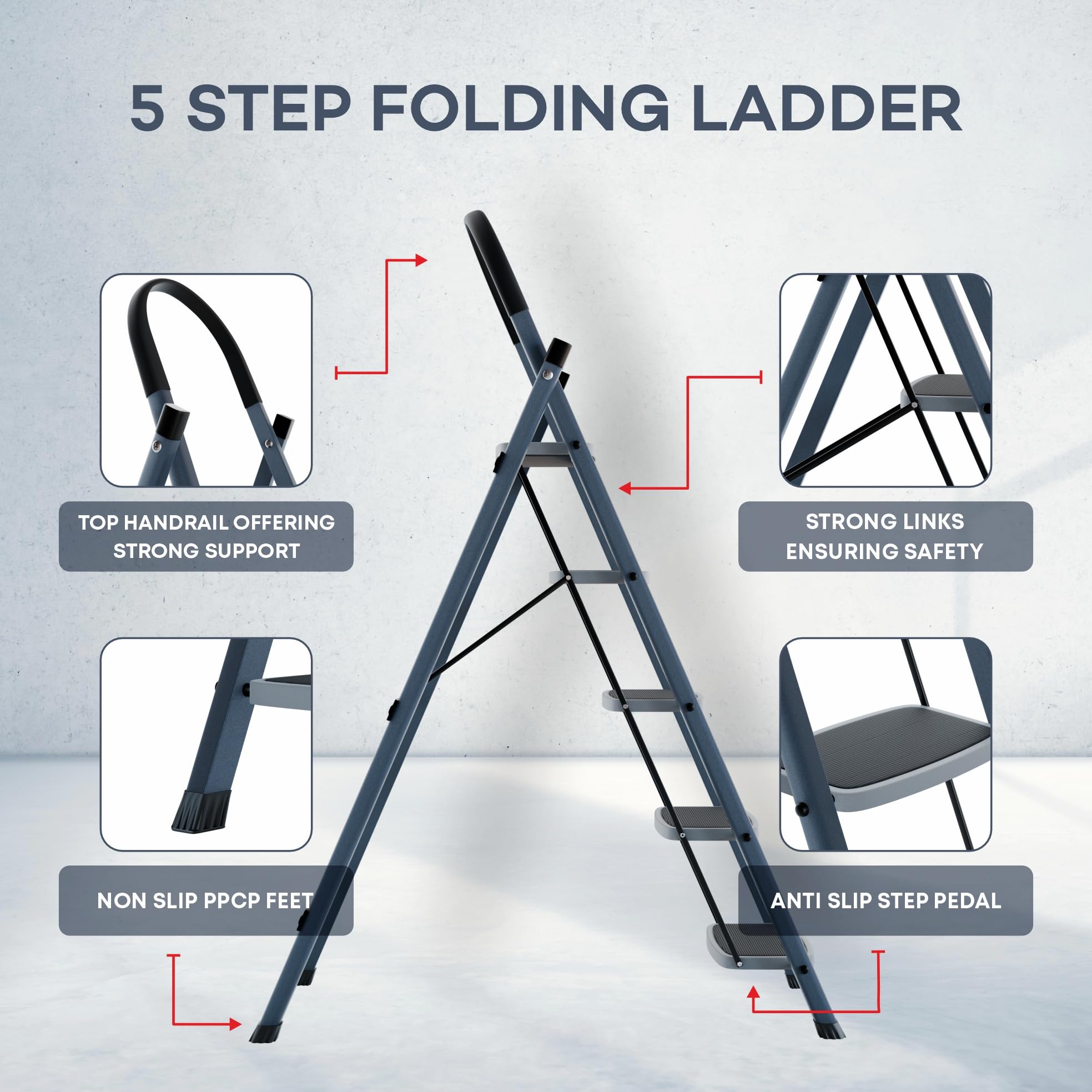 LAPO Folding Ladder for Home & Office | Heavy Duty Steel Step Ladder | 150 kg Load Capacity | 20 x 30 cm Anti-Slip Large Platform | Non-Slip Rubber Feet | 5 Years Warranty | Grey (5 Step) — Amazon image 2
