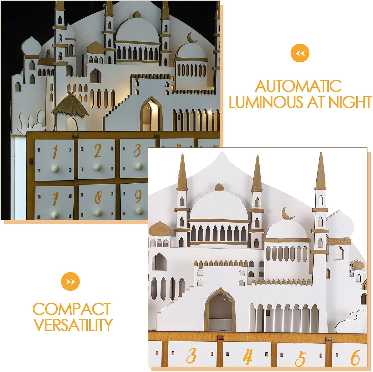 Generic Castles Eid Ramadans Countdown Calendars with LED Light and 30 Days Drawers - Muslim Wood Advent Calendar for Islamic Home Table Decorations