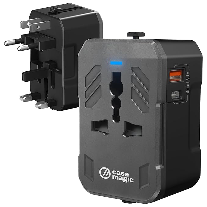 Case-Magic Universal Travel Adapter with Smart 3.1A USB & Type C| 200+ Country (USA/UK/EU/AUS) Plug Converter | All-in-One International Power Converter for Mobile, Tablet, Camera | 15W Fast Charging