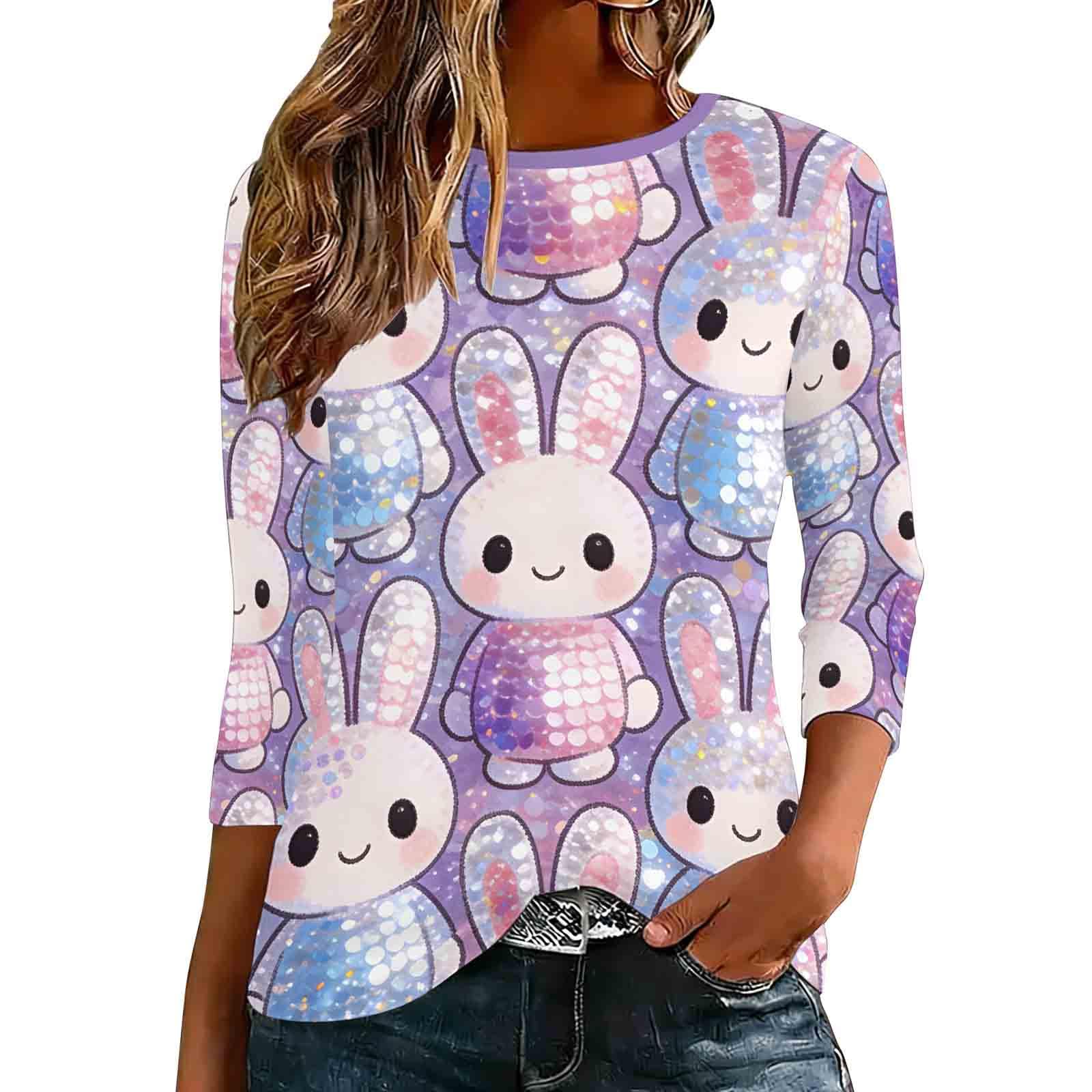 Women Easter Shirts 2026 Cute Rabbit Bunny Pullovers Religious Tunic Tops Funny Egg Graphic 3/4 Sleeve Tees Tops