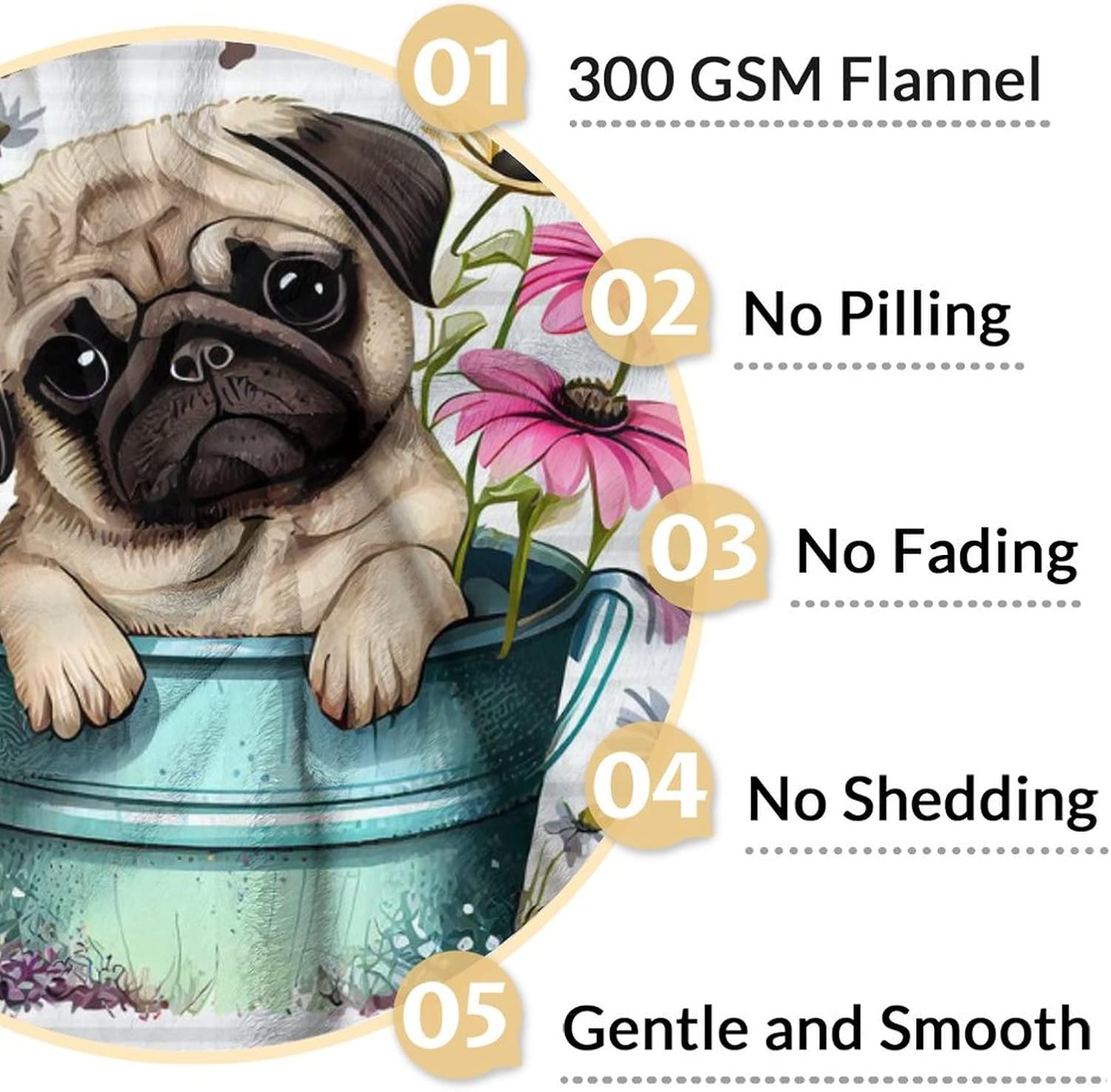 Personalized Pug Blanket Gifts with Name - 60"x80" Cute Throw Blanket for Dog Lover - White Soft Plush Blankets for Bed, Couch & Living Room