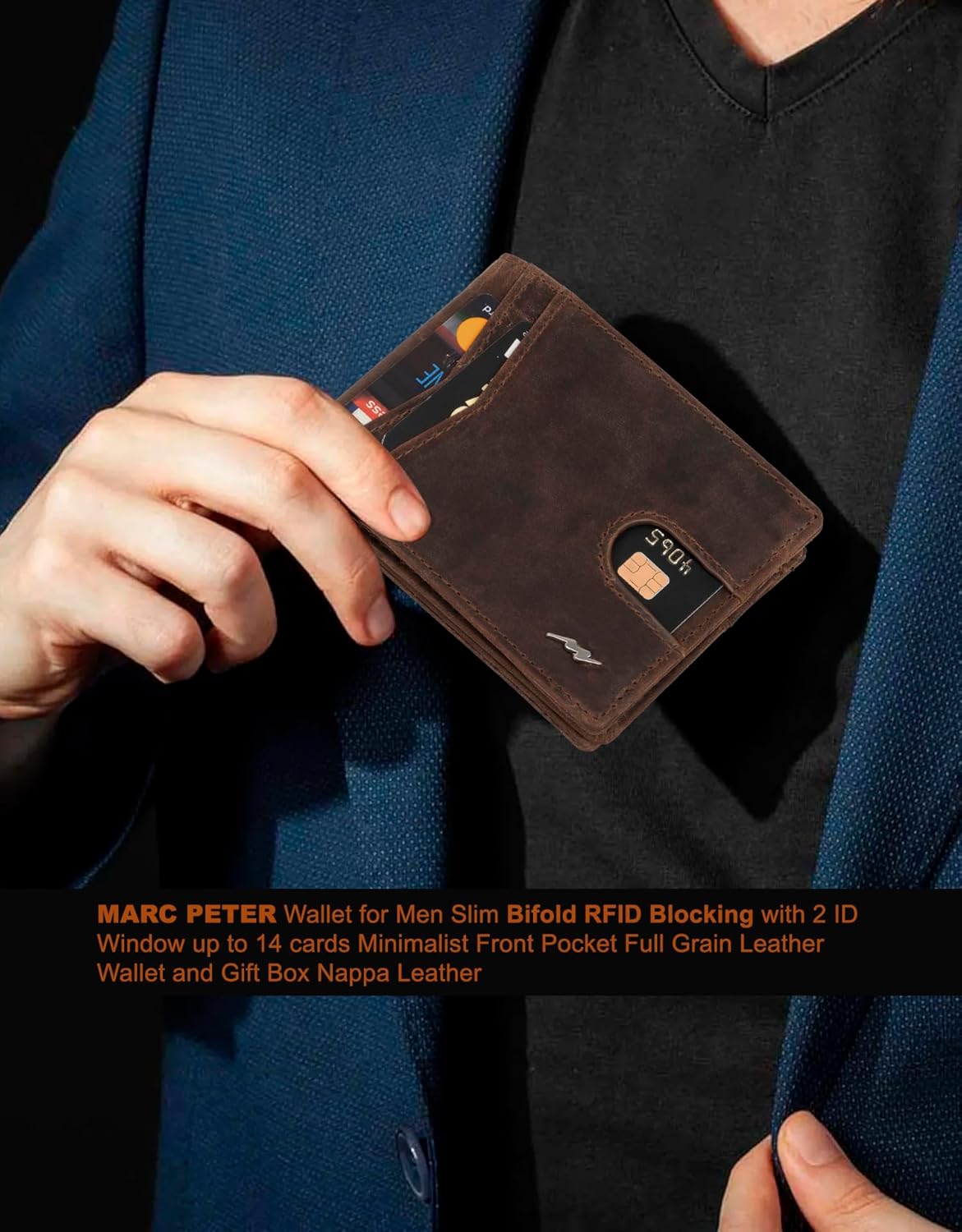 Marc Peter Wallet for Men Slim Bifold RFID Blocking with 2 ID Window up to 14 cards Minimalist Front Pocket Full Grain Leather Wallet and Gift Box Crazy Horse Brown - Image 7
