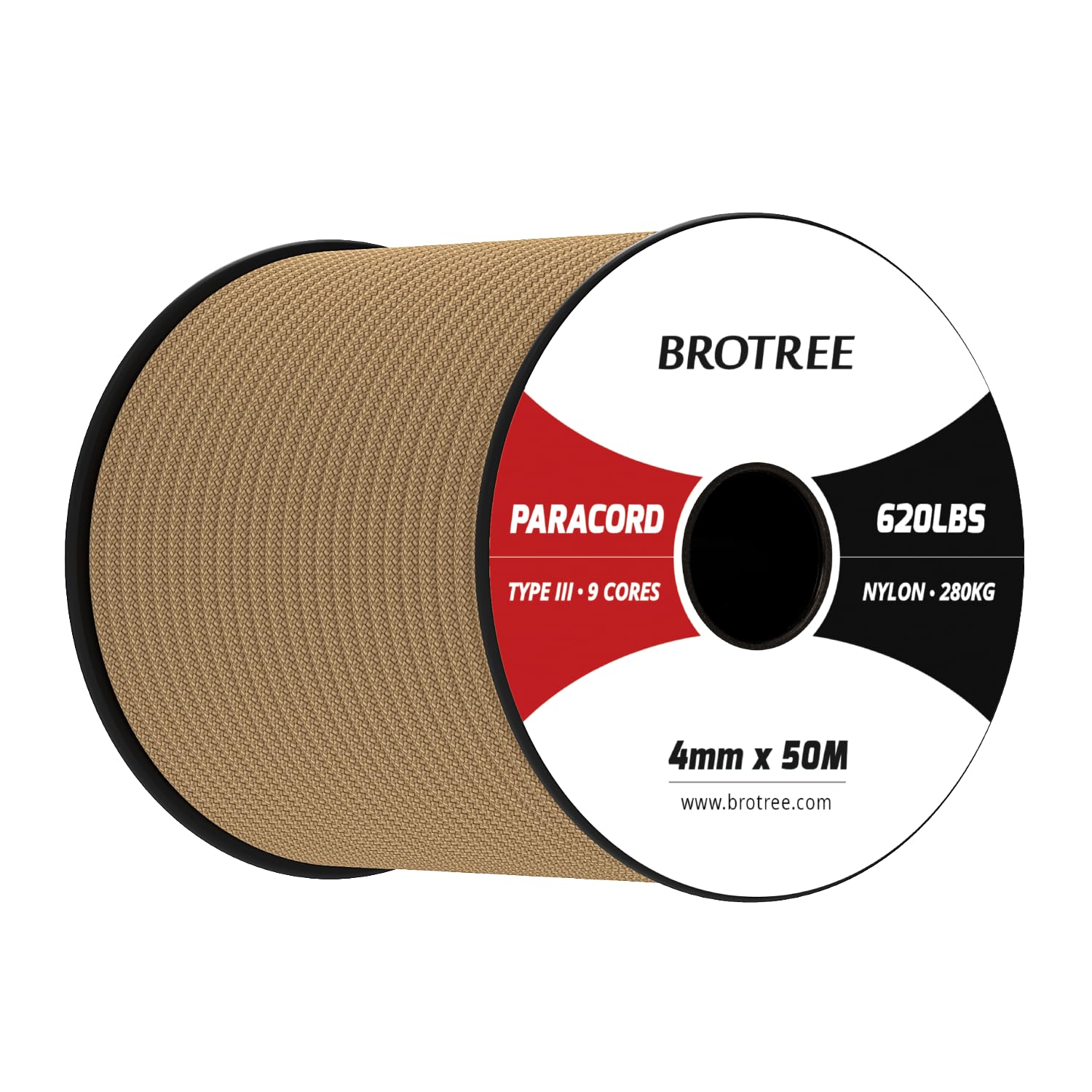 Brotree Paracord 4mm 50M 9 Strands 100% Nylon Rope Type 3 Parachute Cord for Outdoor, Bracelet, DIY - 280kg Breaking Load (Tan)