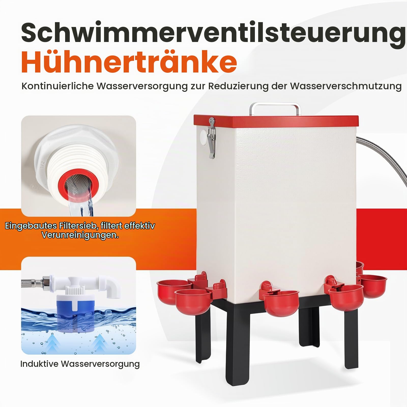 12L Automatische Hühnertränke, Geflügelwasserspender aus Edelstahl mit Schwimmerventil, Schlauch, Wasserbecher und Ständer, Hühnerwasserfütterung für Küken, Enten, Gänse, Truthahn