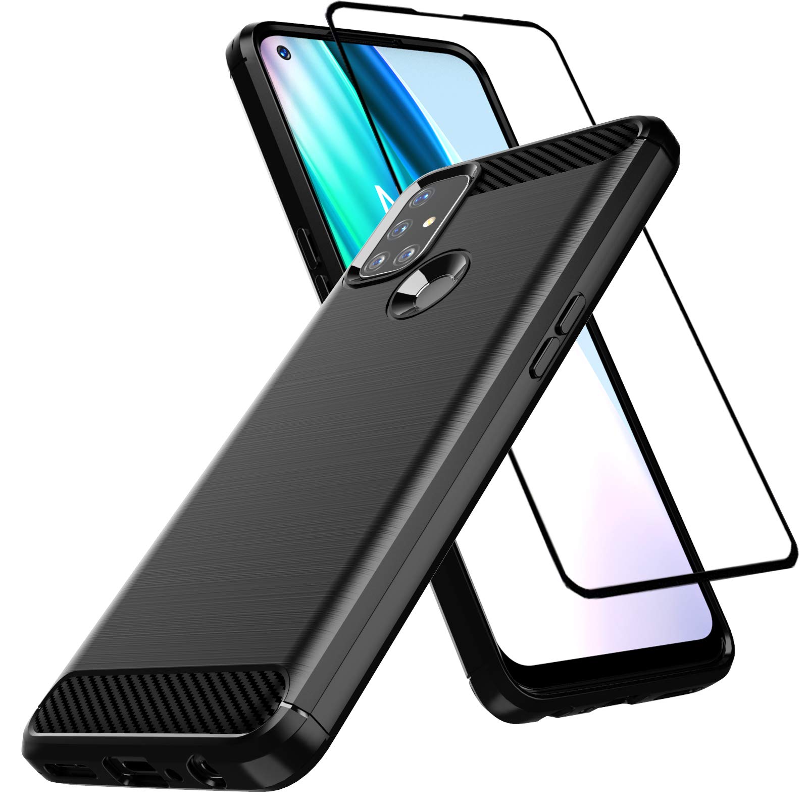 Dretal OnePlus Nord N10 5G Case Tempered Glass Screen Protector, Shock-Absorption Slim Fit Flexible TPU Case Brushed Texture Soft Rubber Protective Cover for OnePlus Nord N10 5G (LS-Black)