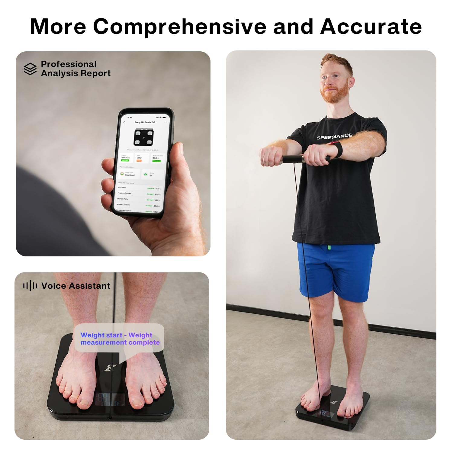 A collage showing a smartphone displaying the Speediance app, a man using resistance bands while standing on the scale, and a close-up of feet on the scale with a 'Weight start - Weight measurement complete' overlay.